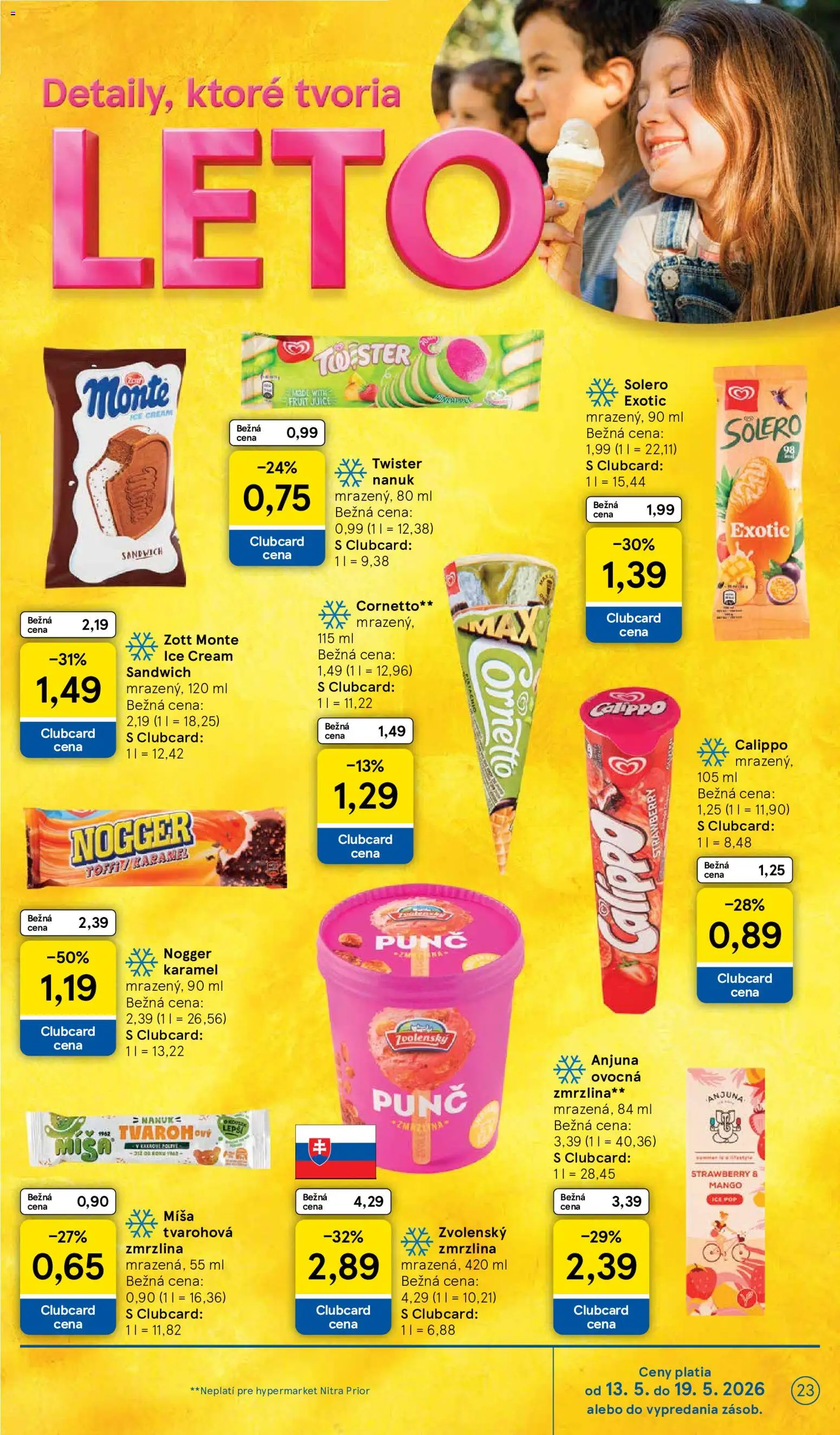 Nové Tesco akcie – leták je platný od 13.05.2026 | Strana: 23 | Produkty: Nanuk, Zmrzlina, Tvaroh, Mango