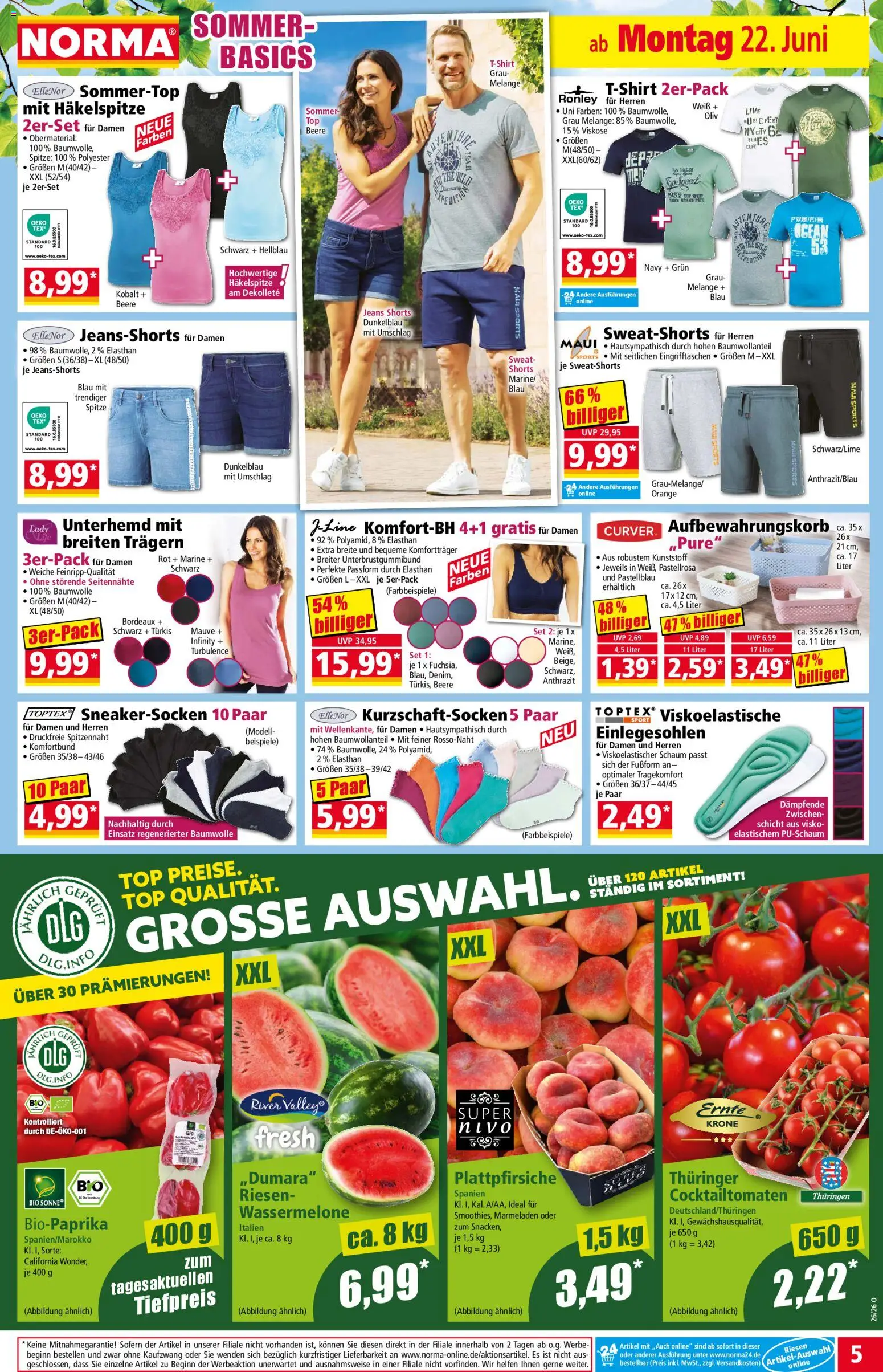 Norma Prospekt – gültig ab 22.06.2026 | Seite: 5 | Produkte: Top, Sweatshorts, Jeans Shorts, Wassermelone