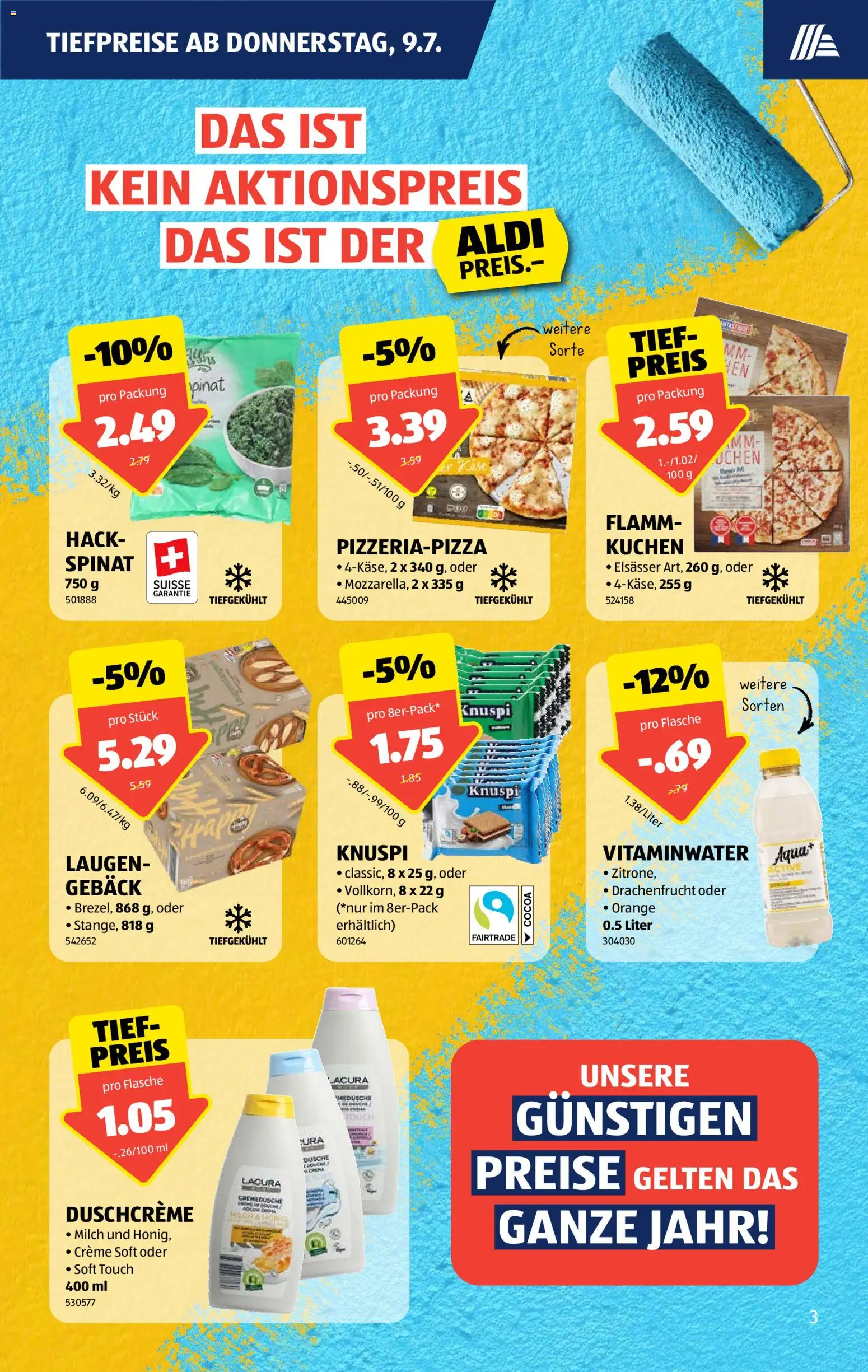 Aldi aktionen – gültig ab 09.07.2026 | Seite: 3 | Produkte: Milch, Pizza, Duschcreme, Creme