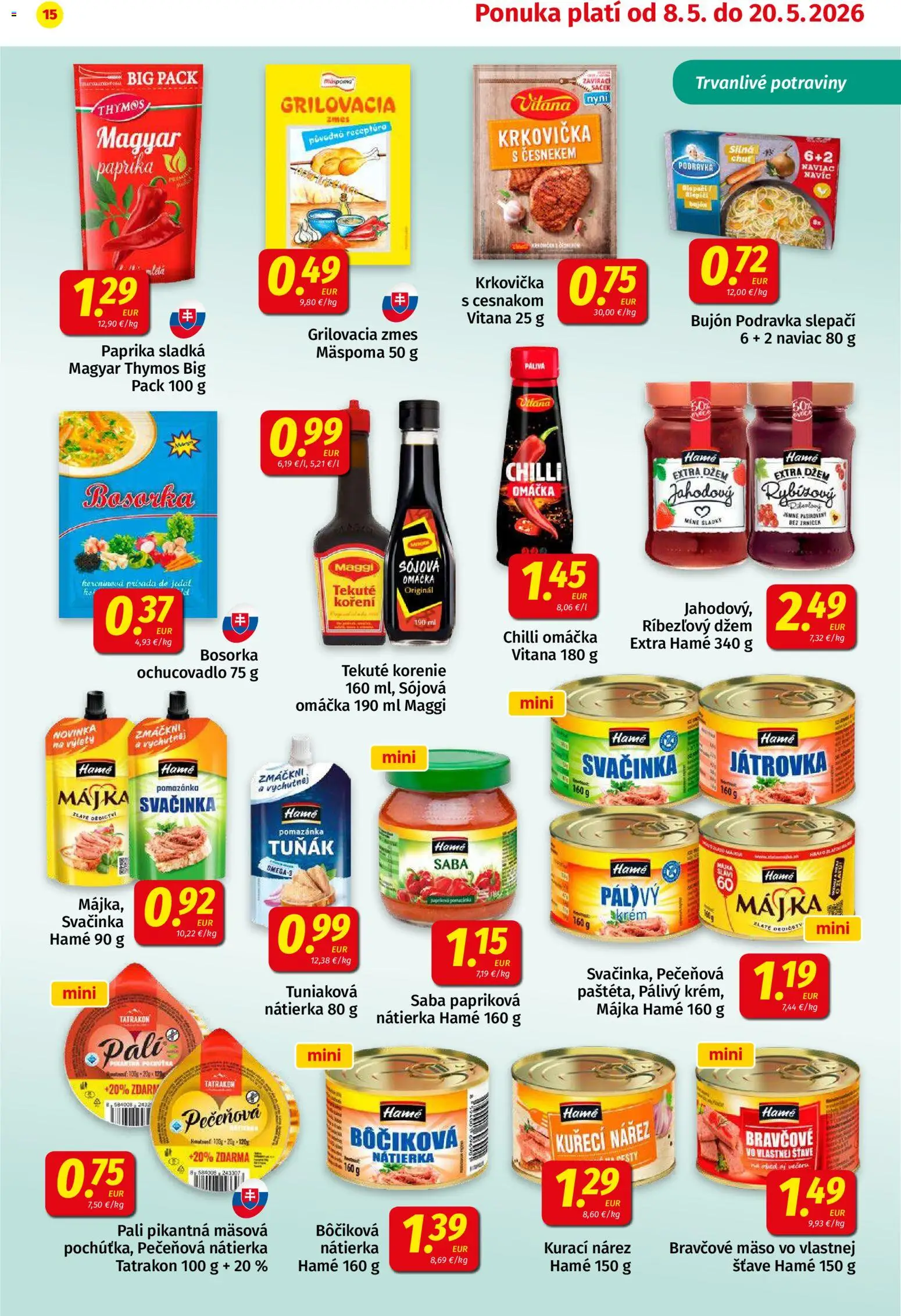Nové Koruna akcie – leták je platný od 08.05.2026 | Strana: 15 | Produkty: Penne, Bujón, Bravčové mäso, Korenie