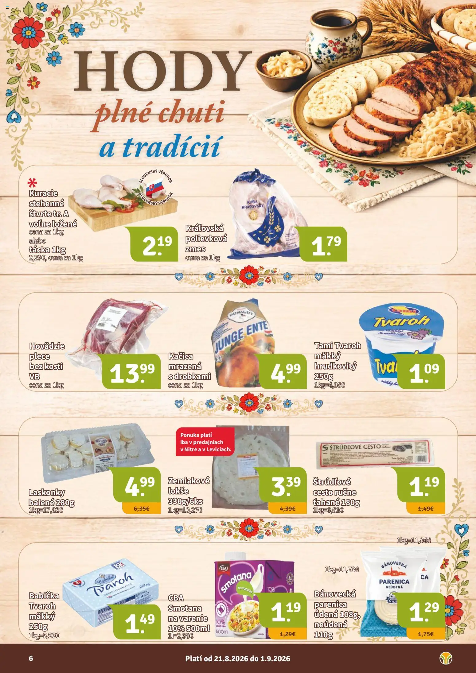 Nové Nitrazdroj akcie – leták je platný od 21.08.2026 | Strana: 6 | Produkty: Cesto, Smotana, Kačica, Tvaroh