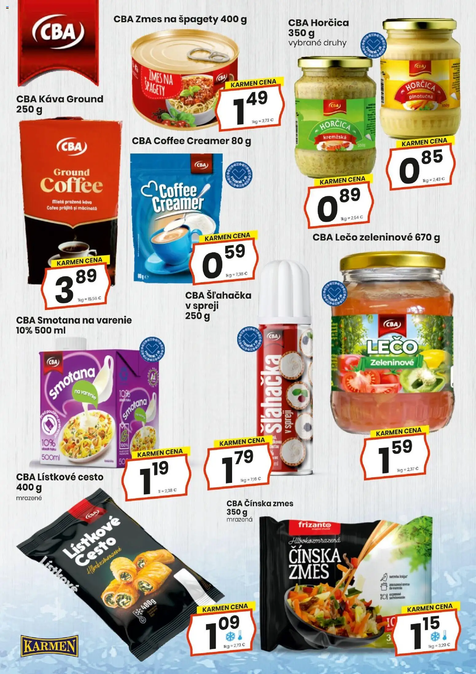 Nové KARMEN CBA akcie – leták je platný od 20.08.2026 | Strana: 2 | Produkty: Káva, Smotana, Šľahačka v spreji, Špagety