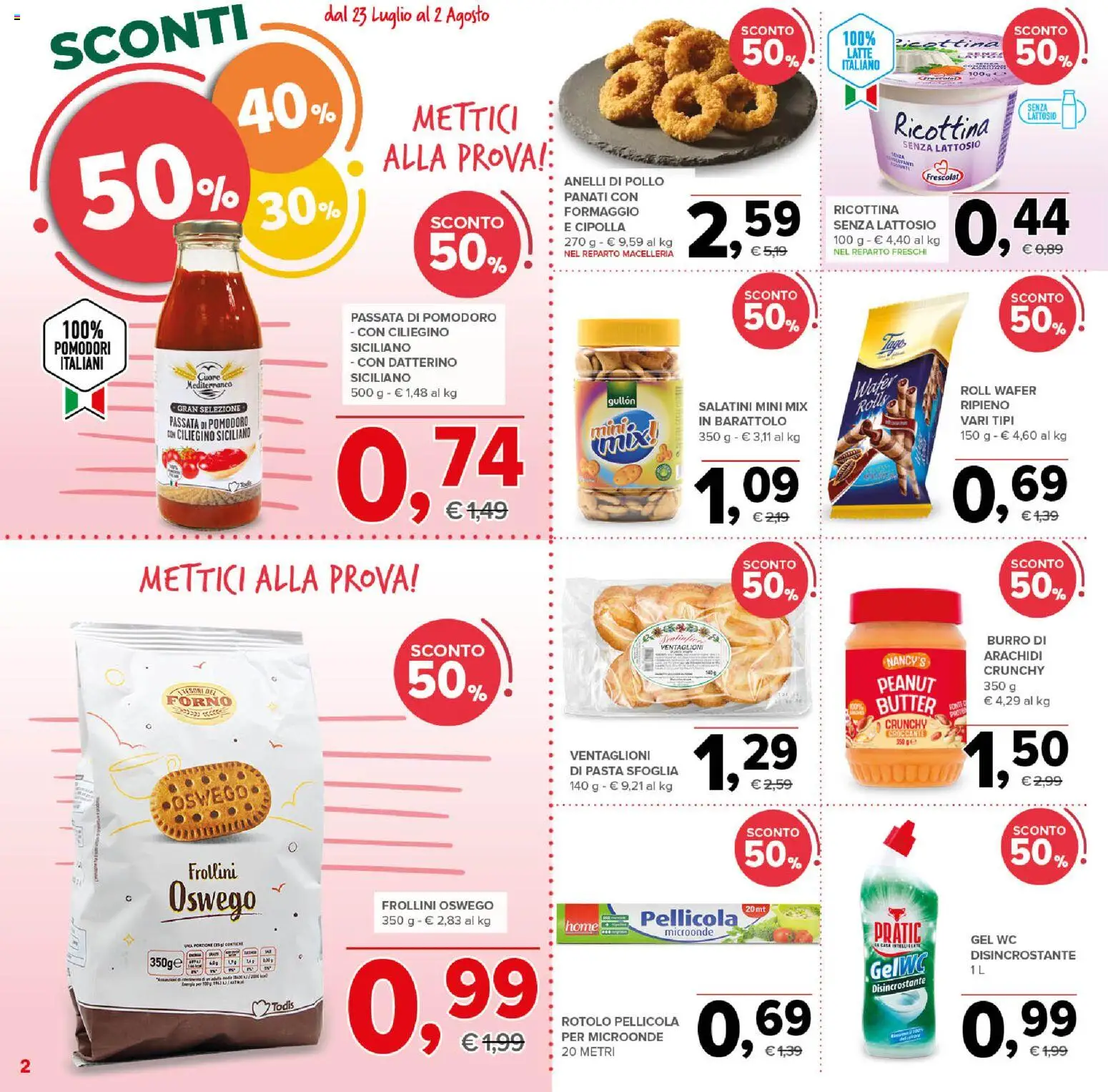 Volantino Todis del 23/07/2026 | Pagina: 2 | Prodotti: Pasta, Passata di pomodoro, Arachidi, Forno