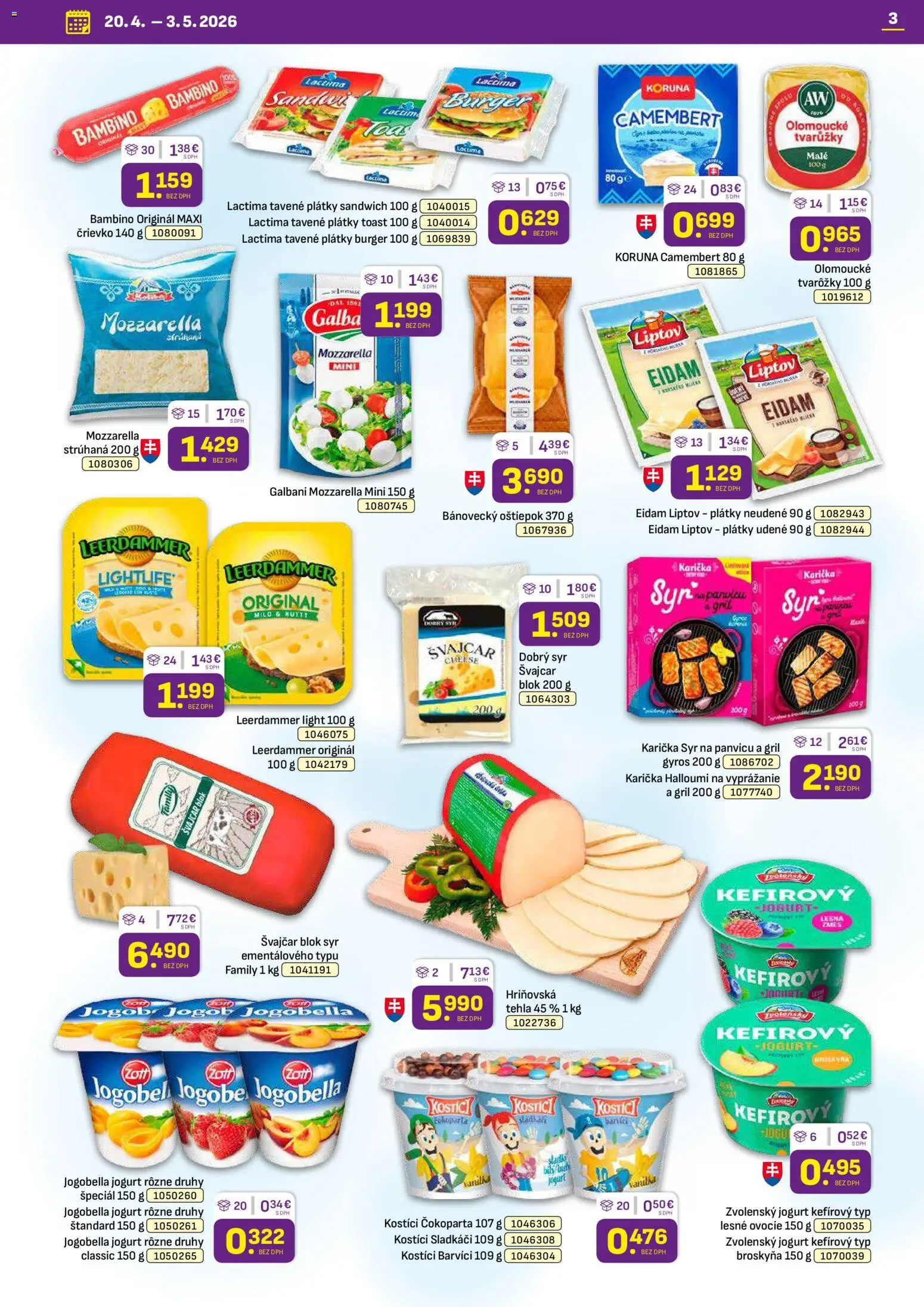 Nové Libex akcie – leták je platný od 20.04.2026 | Strana: 3 | Produkty: Gril, Eidam, Mozzarella, Ovocie