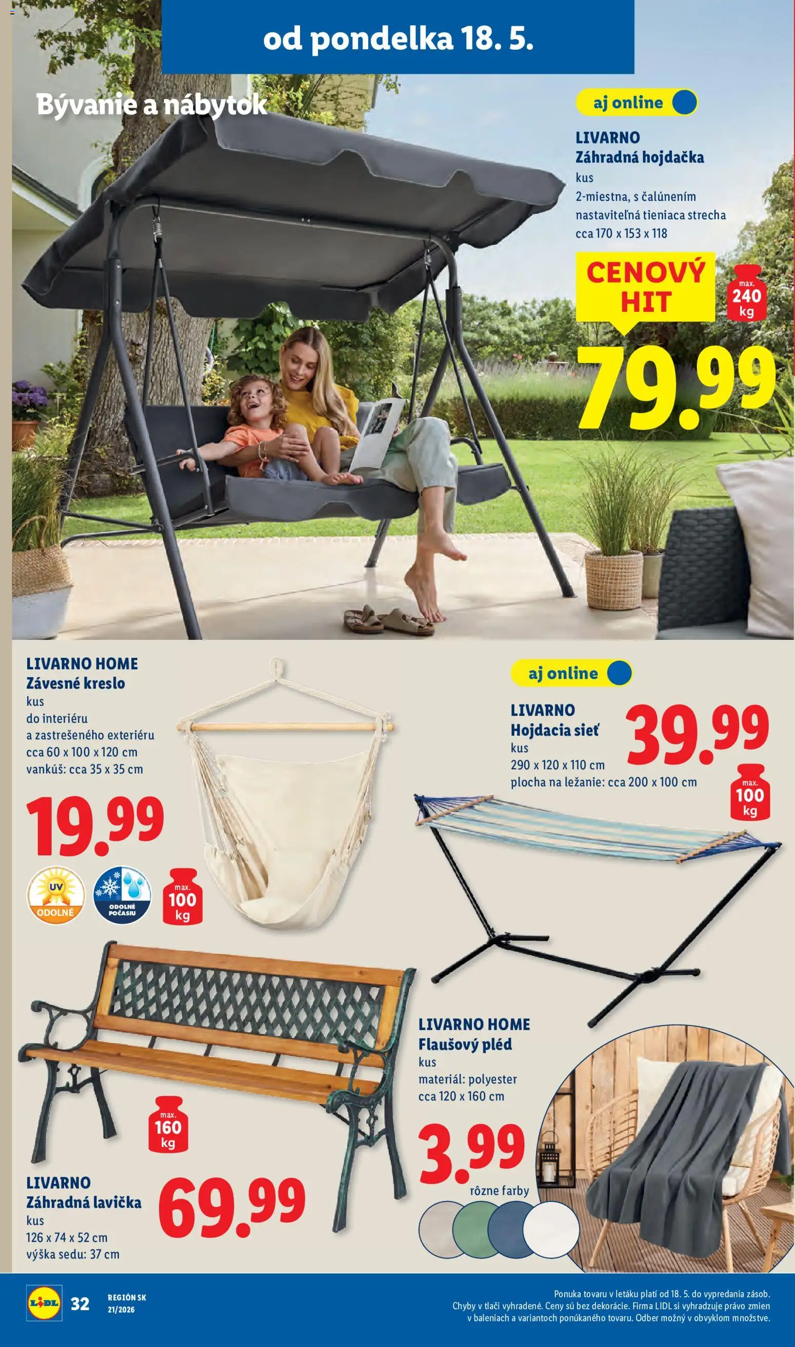 Nové Lidl akcie – leták je platný od 18.05.2026 | Strana: 40 | Produkty: Nábytok, Vankúš, Lavička, Hojdacia sieť