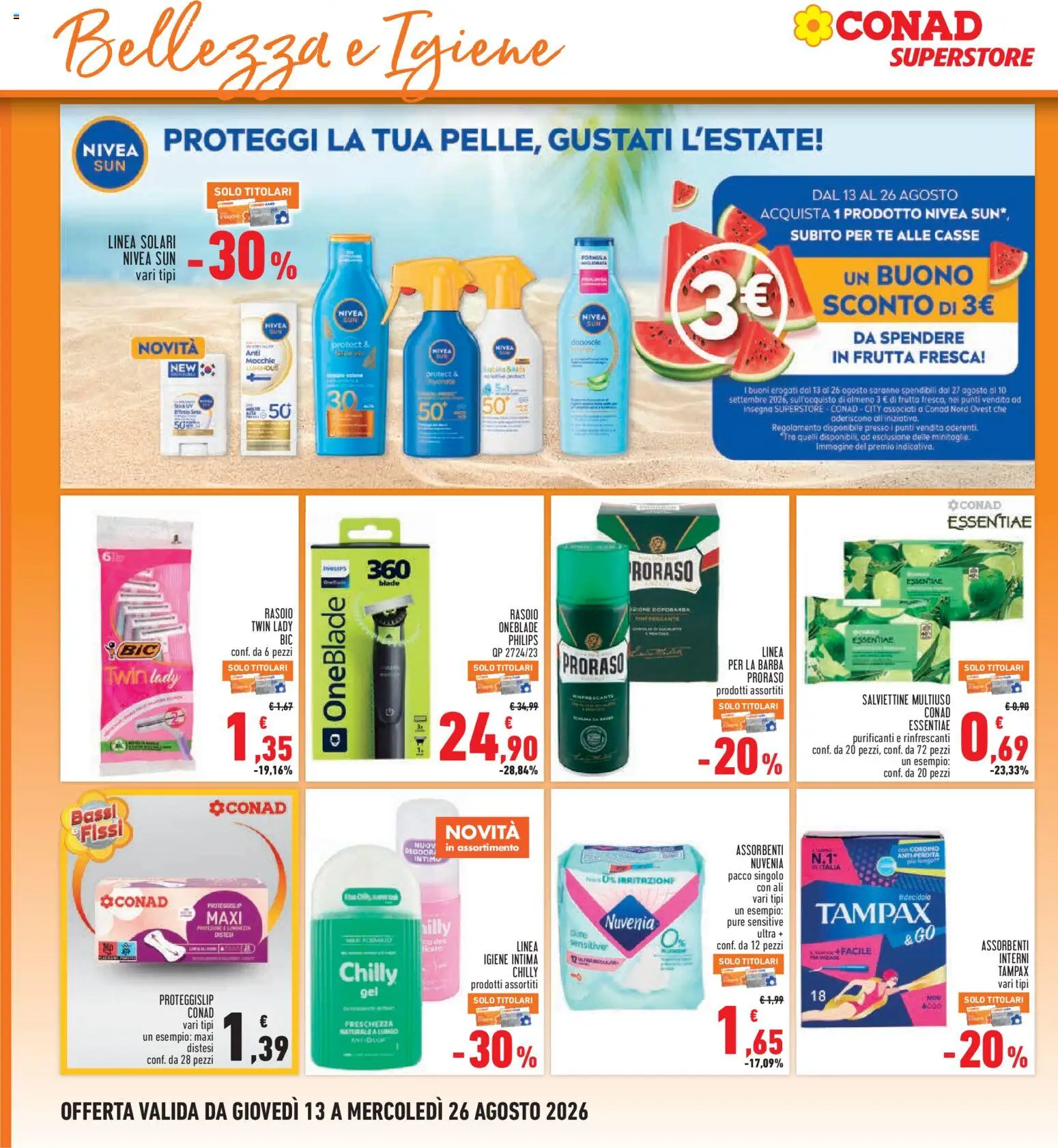 Volantino Conad del 13/08/2026 | Pagina: 22 | Prodotti: Rasoio, Proteggi slip, Slip, Illy