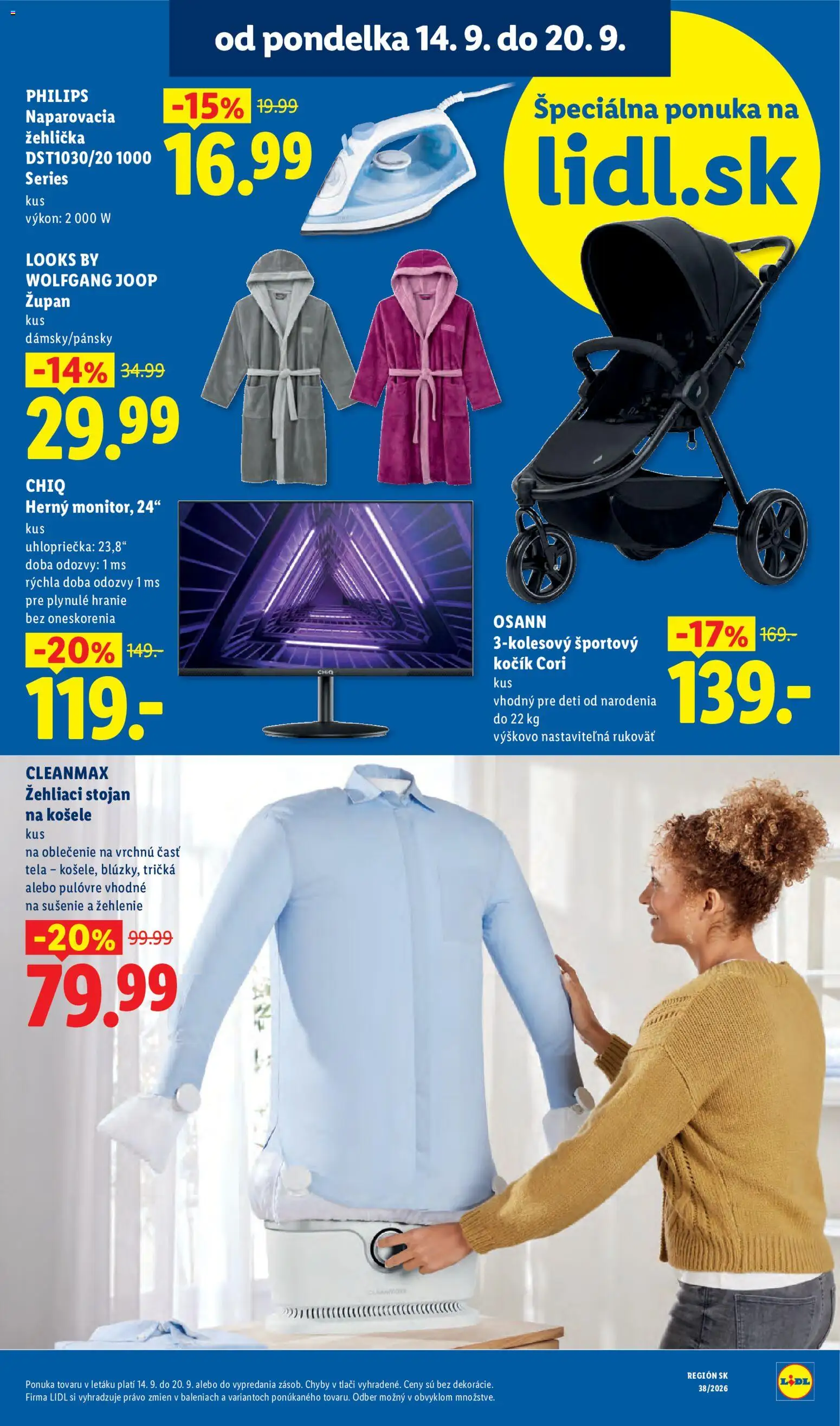 Nové Lidl akcie – leták je platný od 14.09.2026 | Strana: 9 | Produkty: Monitor, Naparovacia žehlička, Žehlička