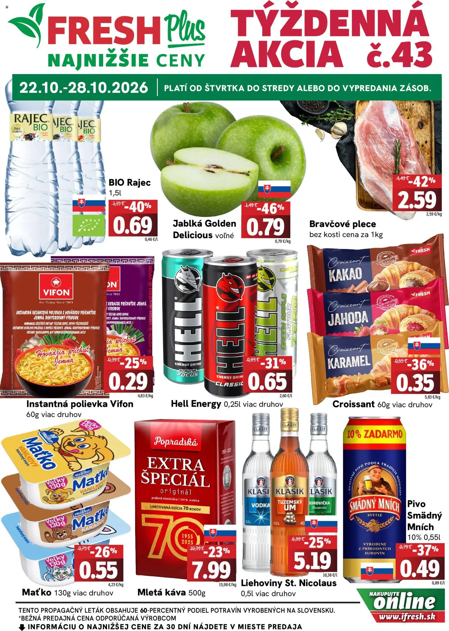 Nové Fresh akcie – leták je platný od 22.10.2026 | Strana: 1 | Produkty: Pivo, Croissant, Bravčové plece, Tvarohový krém