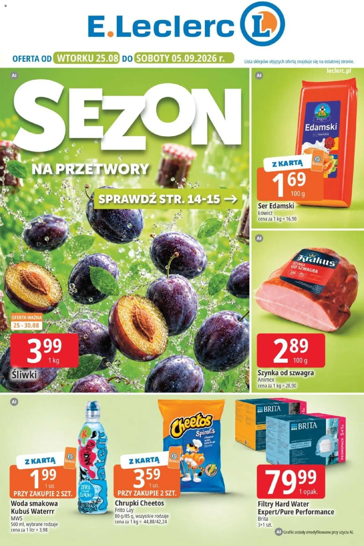 E.Leclerc gazetka od 25.08.2026 | Strona: 1 | Produkty: Karta, Woda smakowa, Przetwory, Śliwki