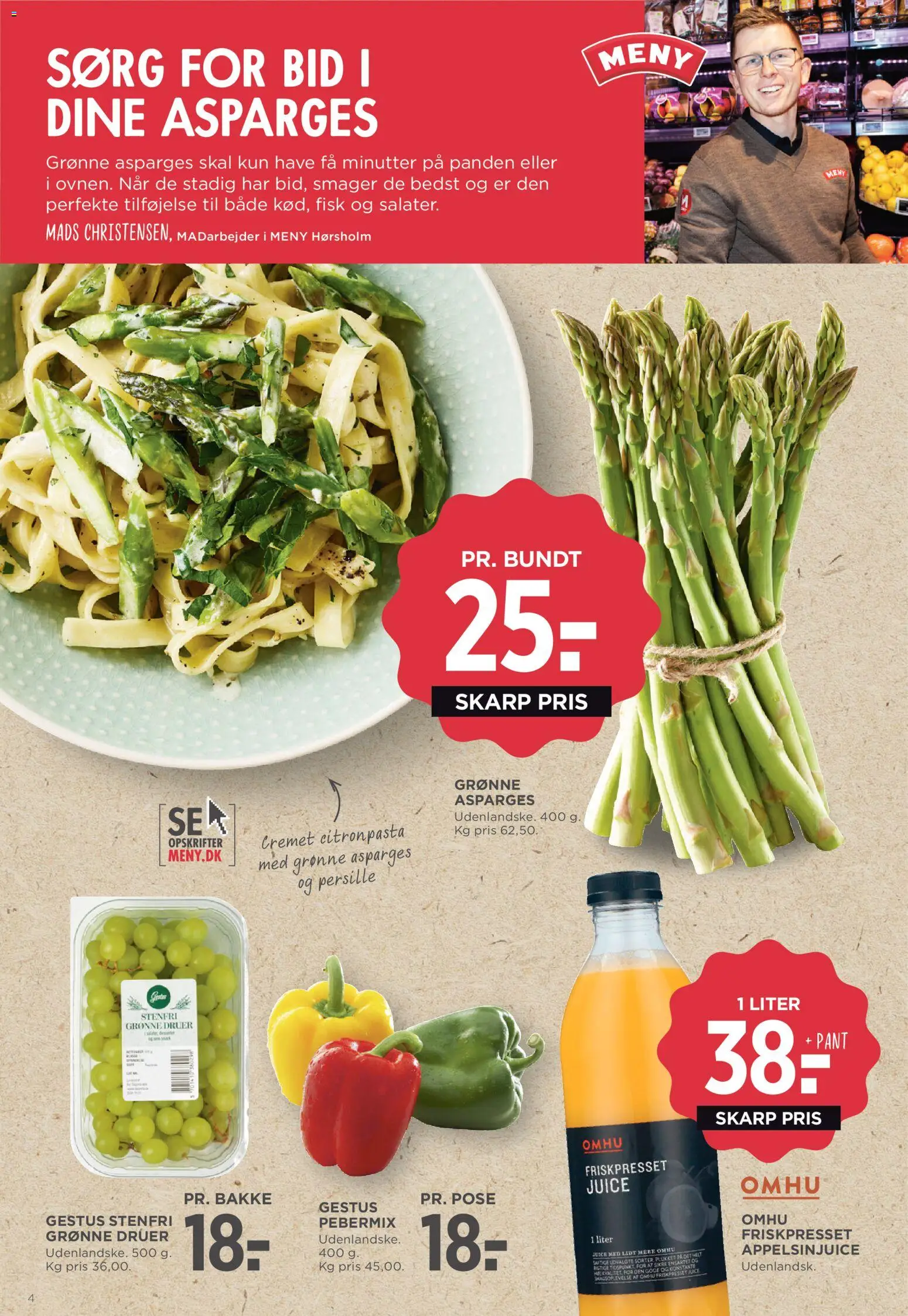 Meny tilbudsavis – gyldig fra 24.04.2026 | Side: 4 | Produkter: Juice, Fisk, Appelsinjuice, Asparges