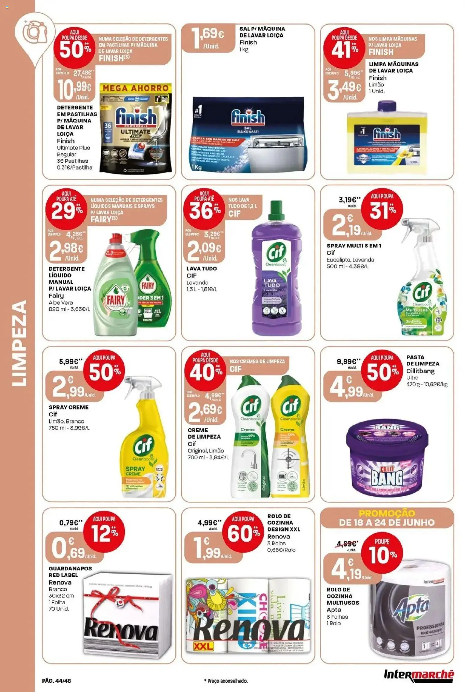 Intermarché Isto é que são preços BAIXOS! │ válido de 18/06/2026 | Página: 44 | Produtos: Máquina de lavar, Guardanapos, Detergente, Sal
