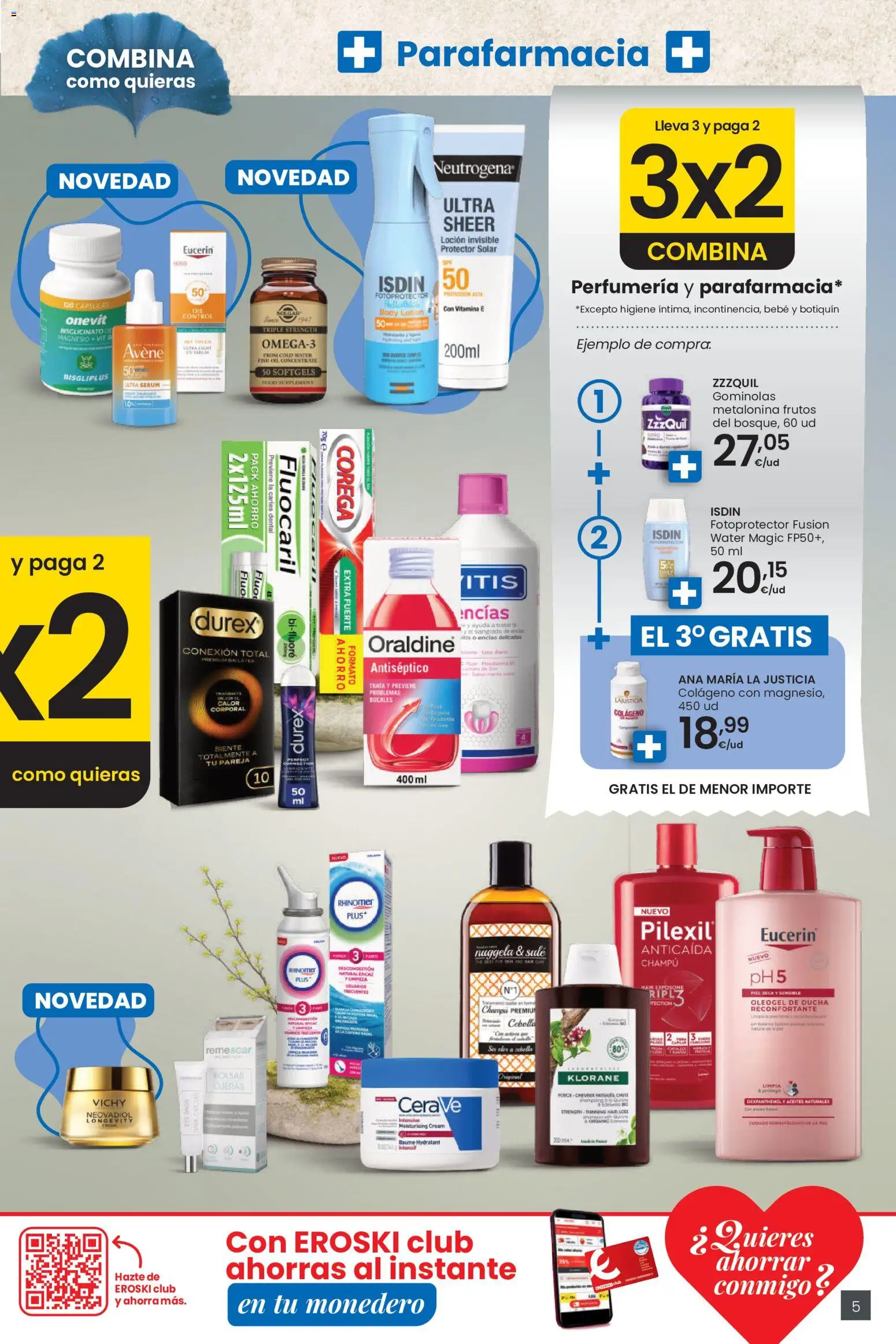 Eroski 3x2 En toda la perfumería y la parafarmacia │ válido desde el 30.04.2026 | Página: 5 | Productos: Champú, Protector solar, Παγωμένο τσάι, Ducha