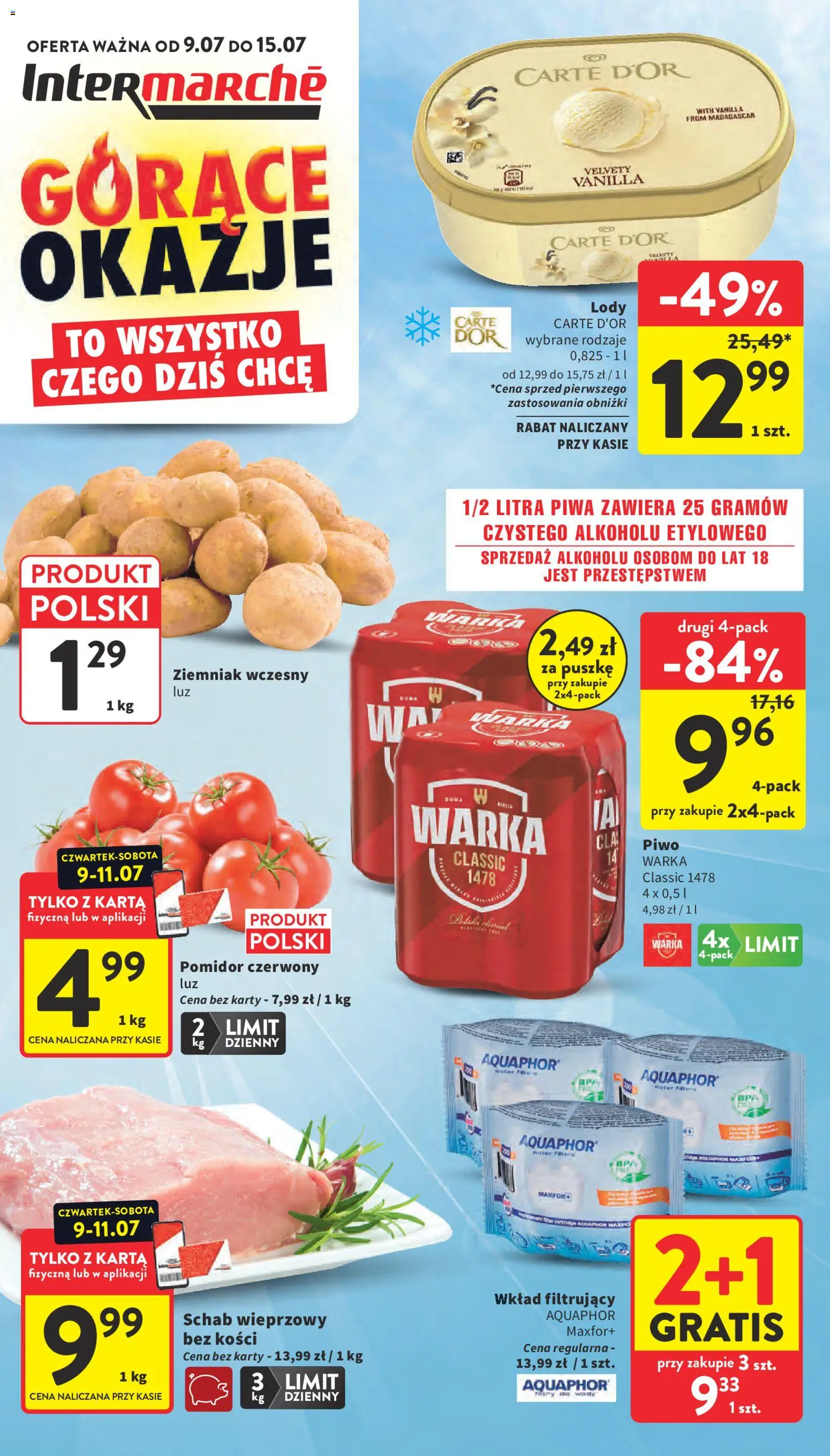 Intermarche gazetka od 09.07.2026 | Strona: 1 | Produkty: Karta, Schab, Schab wieprzowy, Piwo