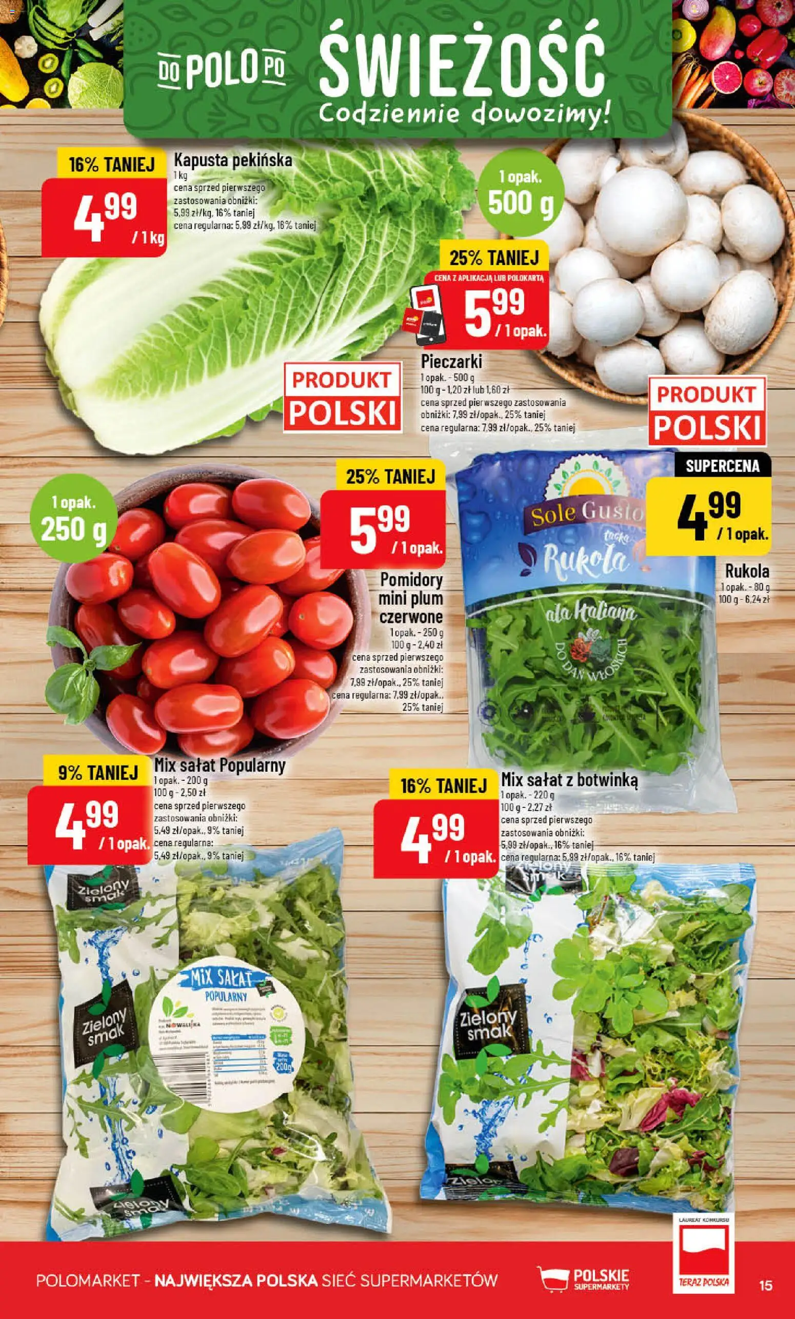 POLOmarket gazetka od 20.05.2026 | Strona: 15 | Produkty: Kapusta, Pieczarki, Mix sałat, Pomidory