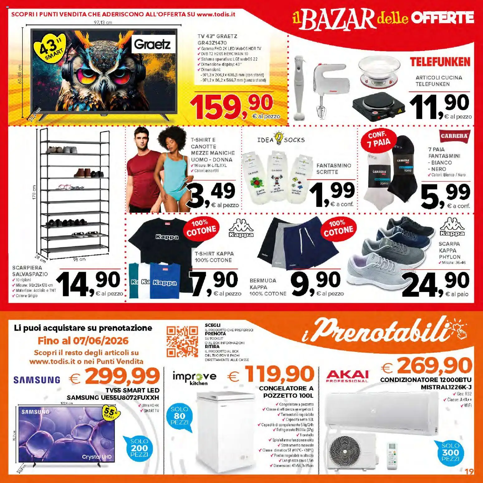 Volantino Todis del 28.05.2026 | Pagina: 19 | Prodotti: smart TV, Bermuda, Cavo, Condizionatore