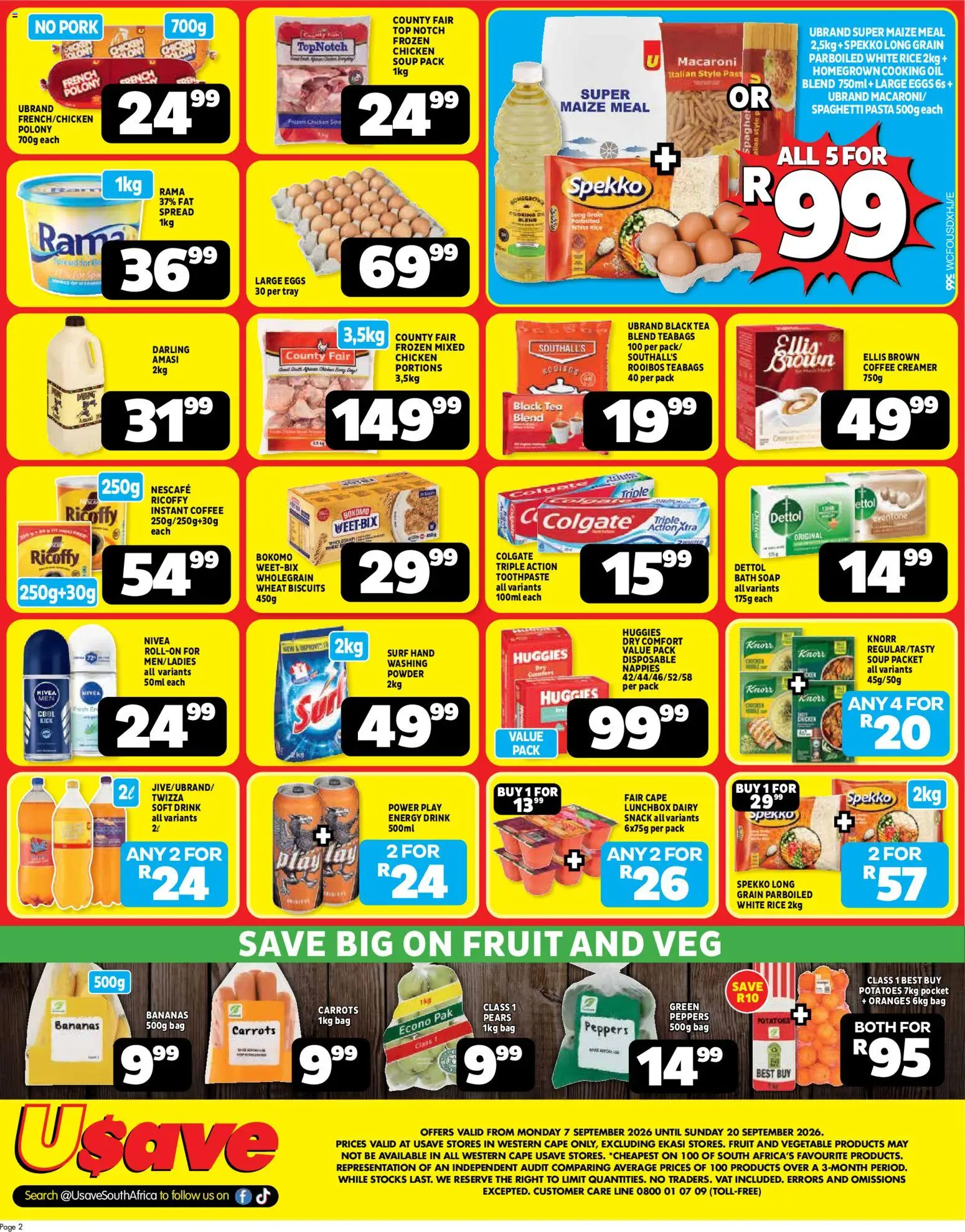 New Usave catalogue – valid from 07/09/2026 | Page: 2 | Products: Maize meal, Chicken, Soup, Nappies