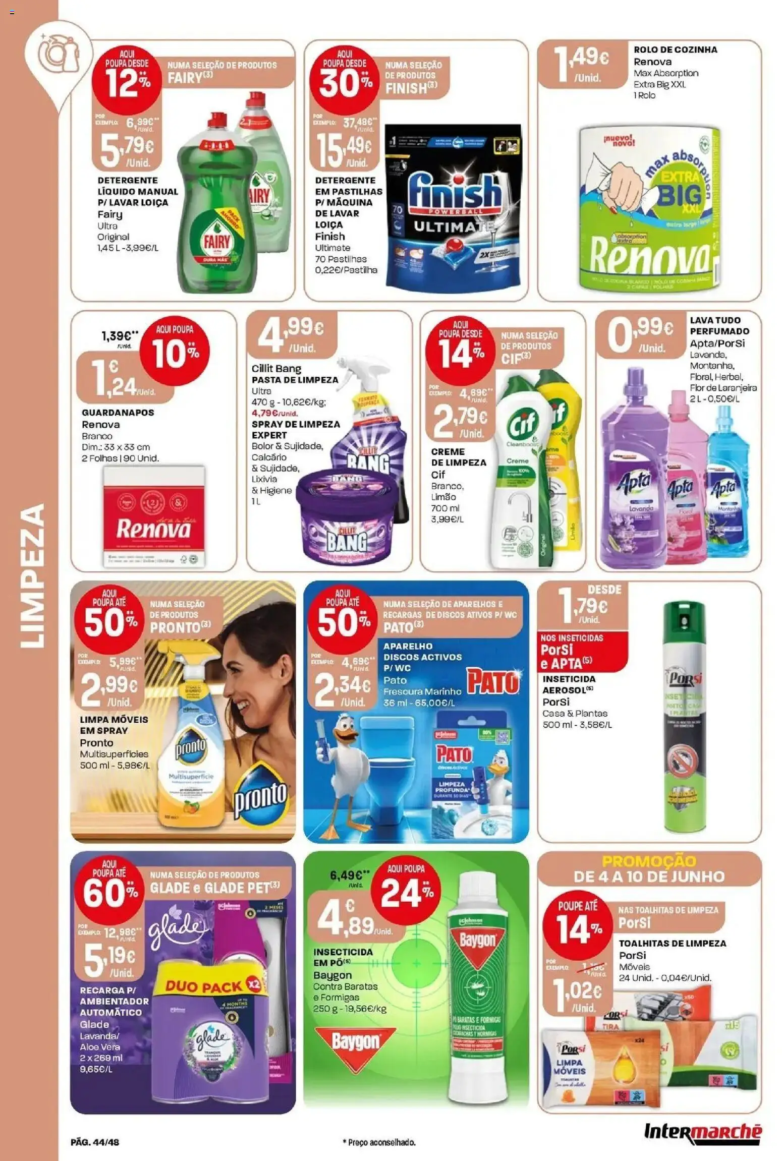 Intermarché - Isto é que são preços BAIXOS! │ válido de 04/06/2026 | Página: 44 | Produtos: Pó, Guardanapos, Detergente, Limpa móveis