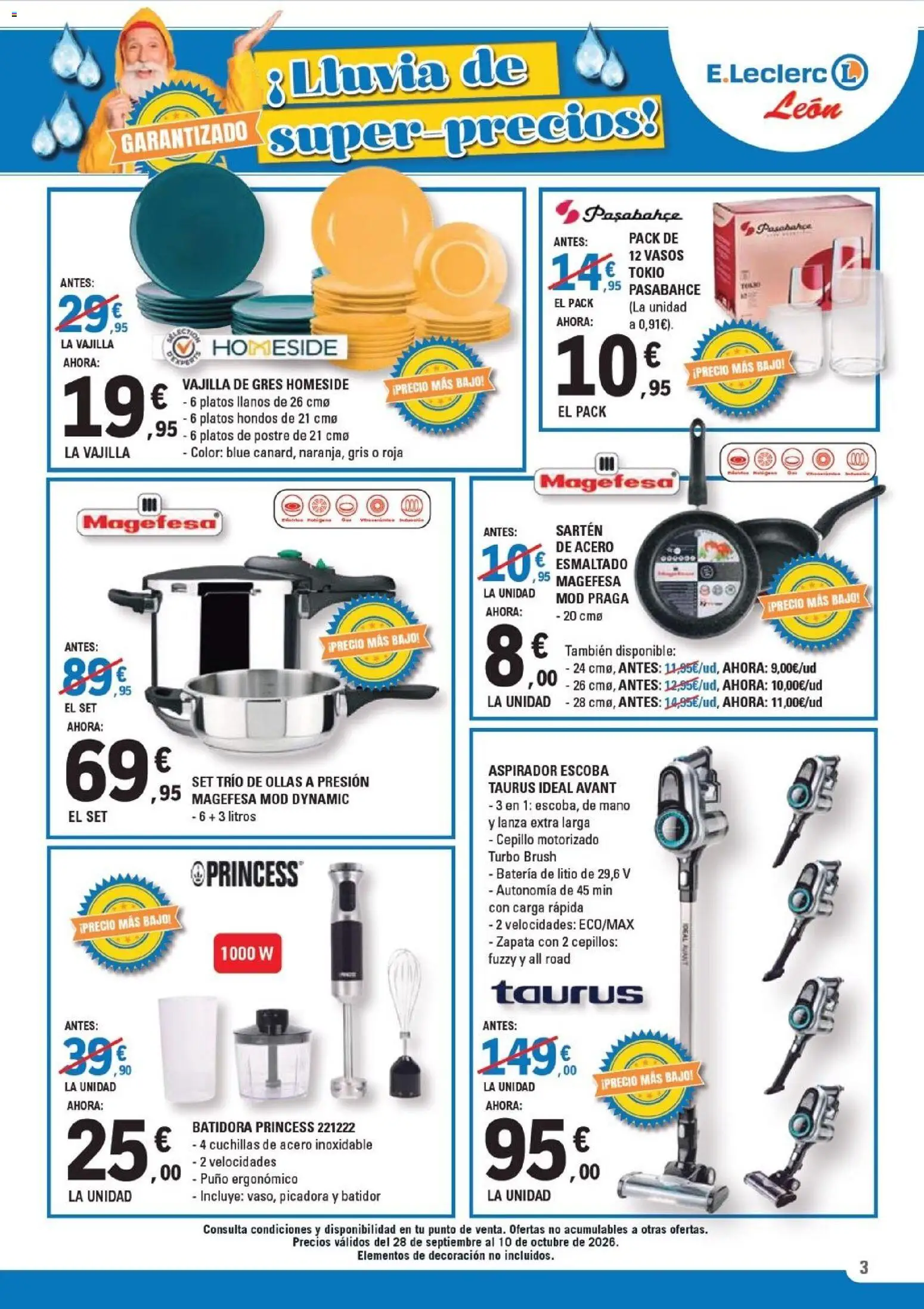 E.Leclerc - León │ válido desde el 28/09/2026 | Página: 3 | Productos: Escoba, Ollas, Vajilla, Aspirador