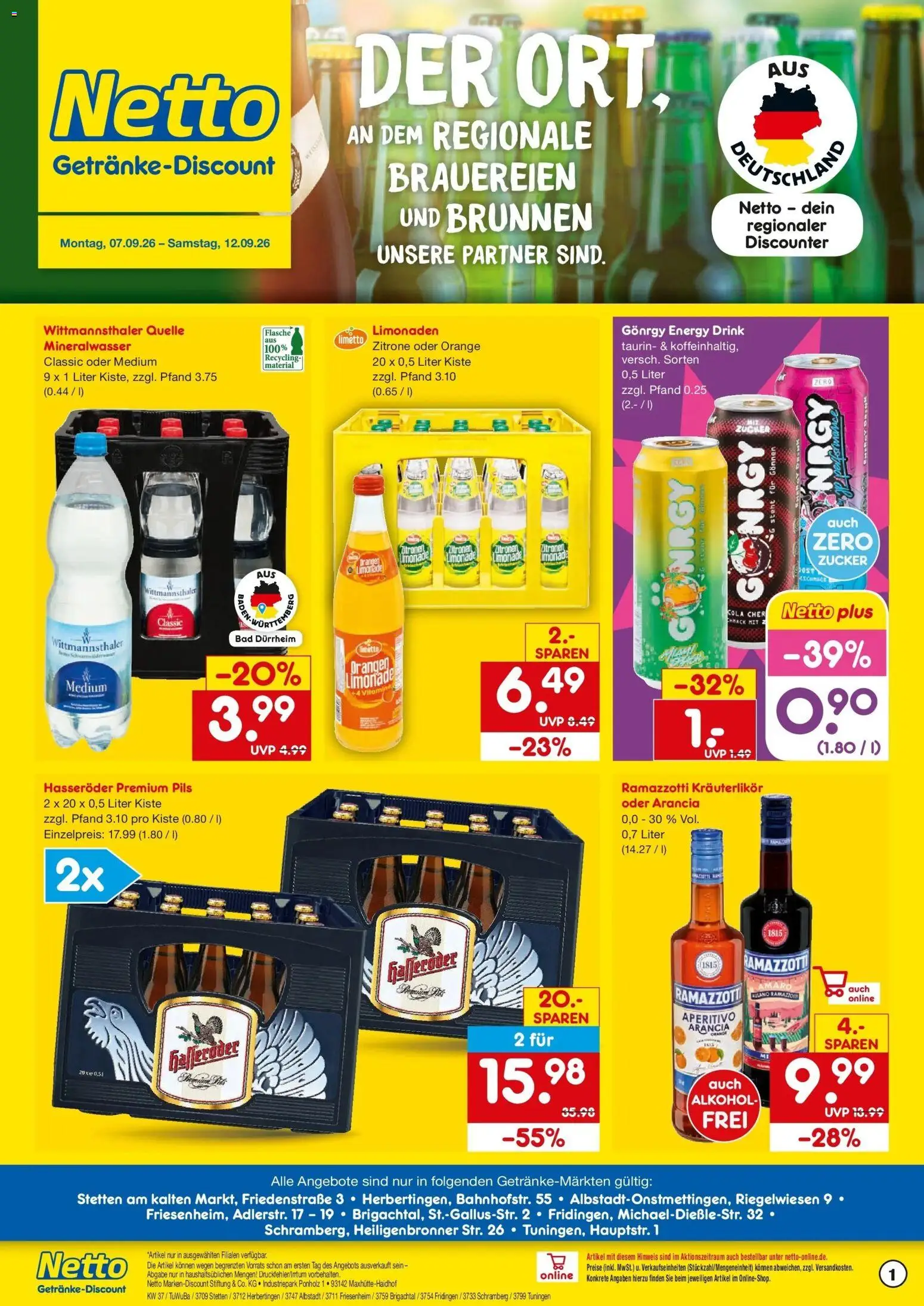 Netto Marken-Discount Prospekt Albstadt-Onstmettingen – gültig ab 07.09.2026 | Seite: 1 | Produkte: Pils, Limonade, Zucker, Zitronen