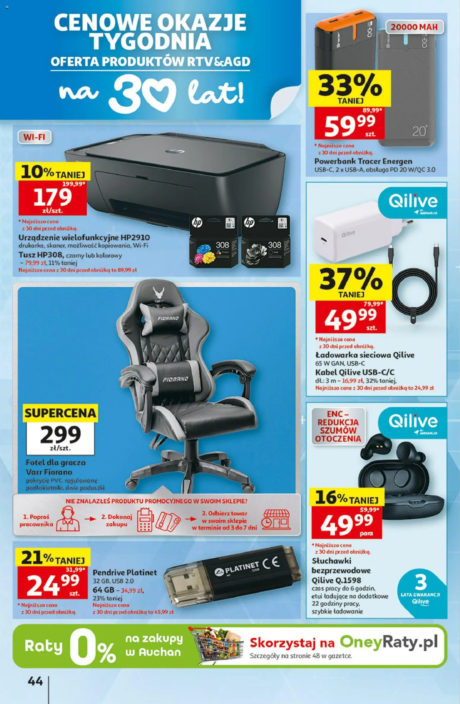 Auchan gazetka - Hipermarket od 01.10.2026 | Strona: 44 | Produkty: Słuchawki, Kabel, Słuchawki bezprzewodowe, Pendrive