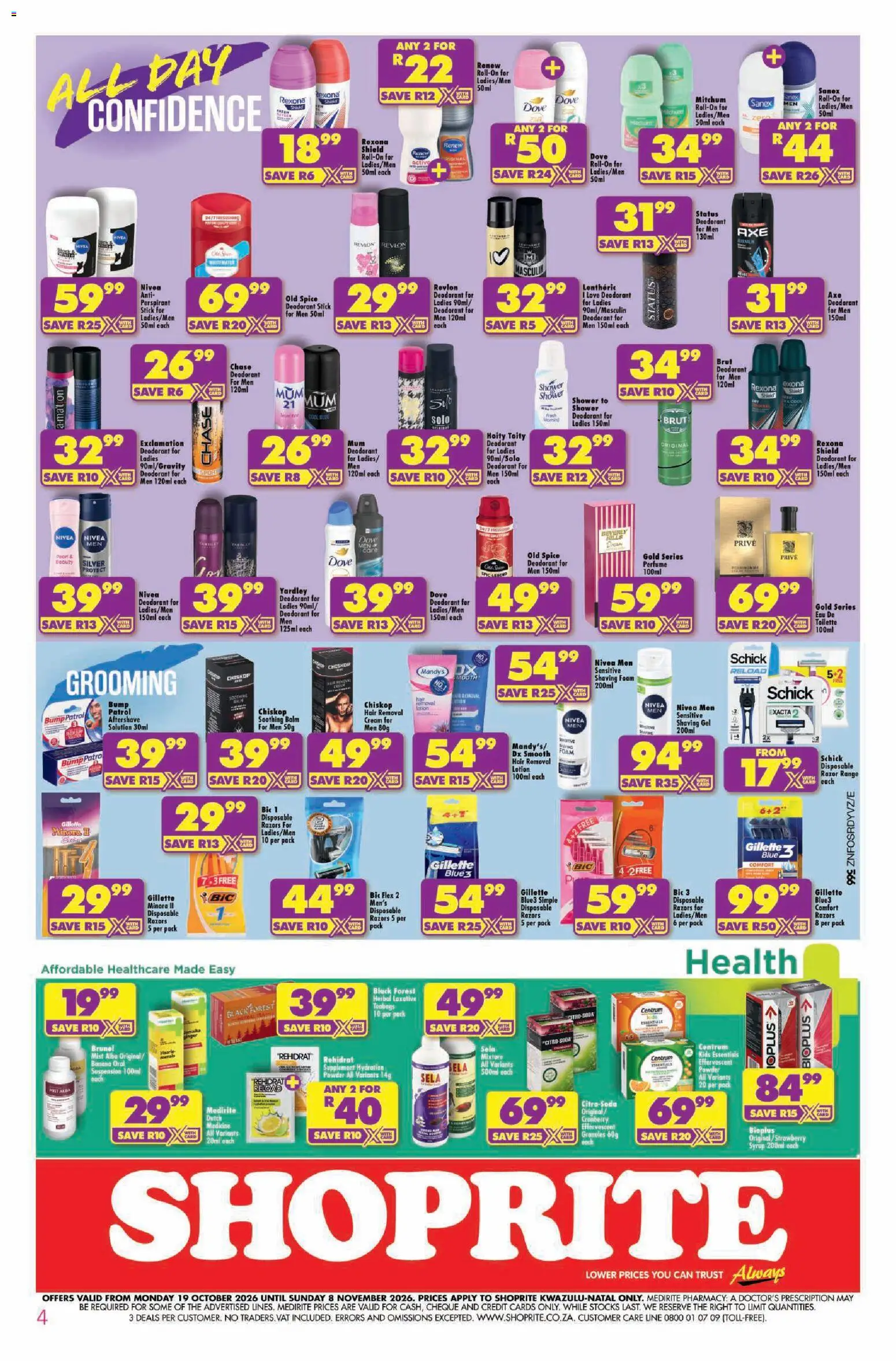 New Shoprite catalogue – valid from 19/10/2026 | Page: 4 | Products: Powder, Pork, Deodorant, Lotion