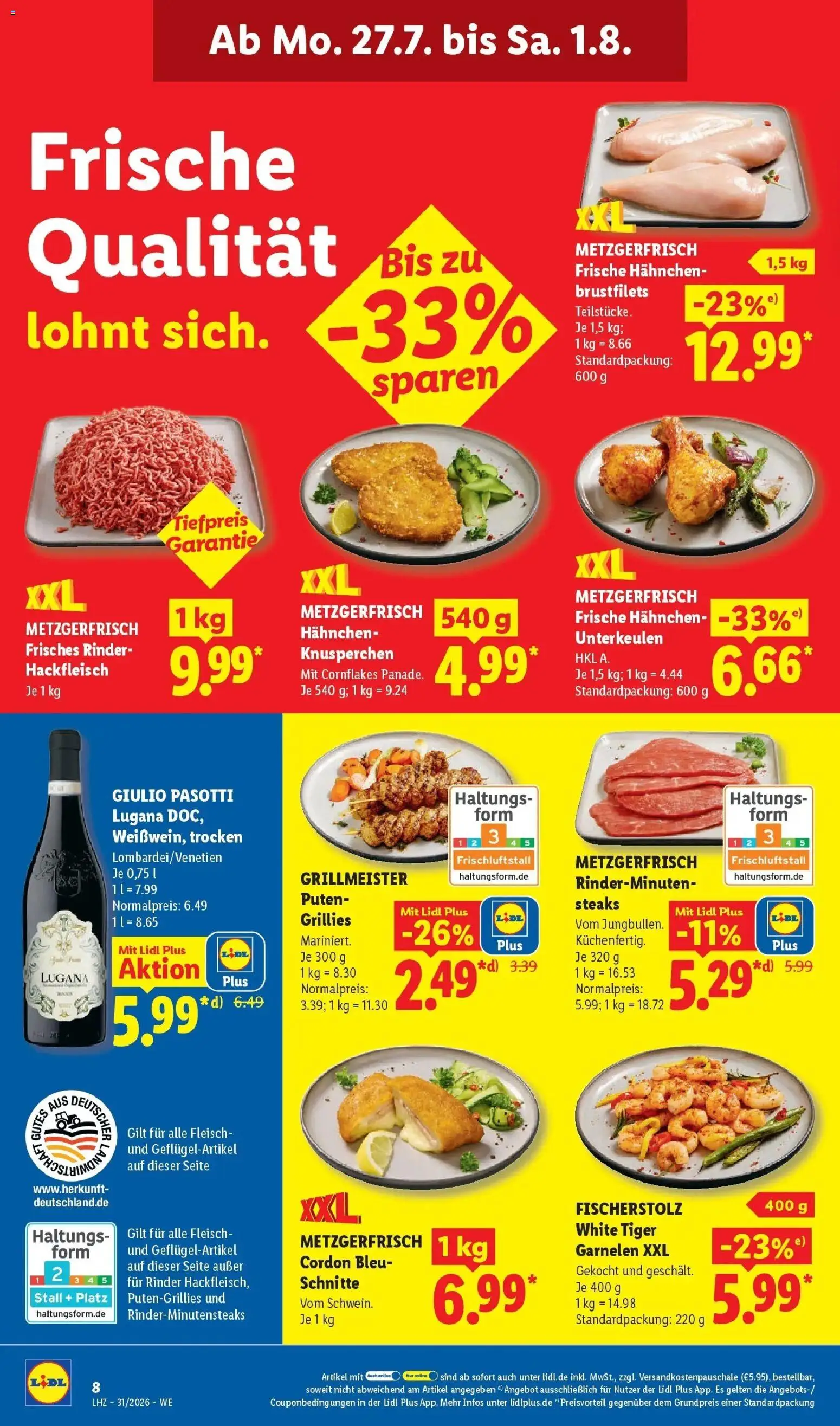 Lidl Prospekt Künzell – gültig ab 27.07.2026 | Seite: 12 | Produkte: Hahnchen, Tiger garnelen, Fleisch, Hackfleisch