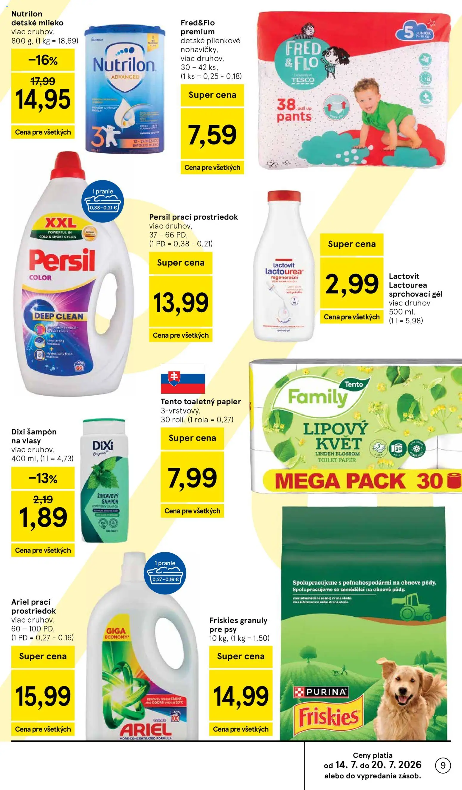 Nové Tesco akcie – leták je platný od 15.07.2026 | Strana: 9 | Produkty: Mlieko, Nutrilon, Šampón, Toaletný papier