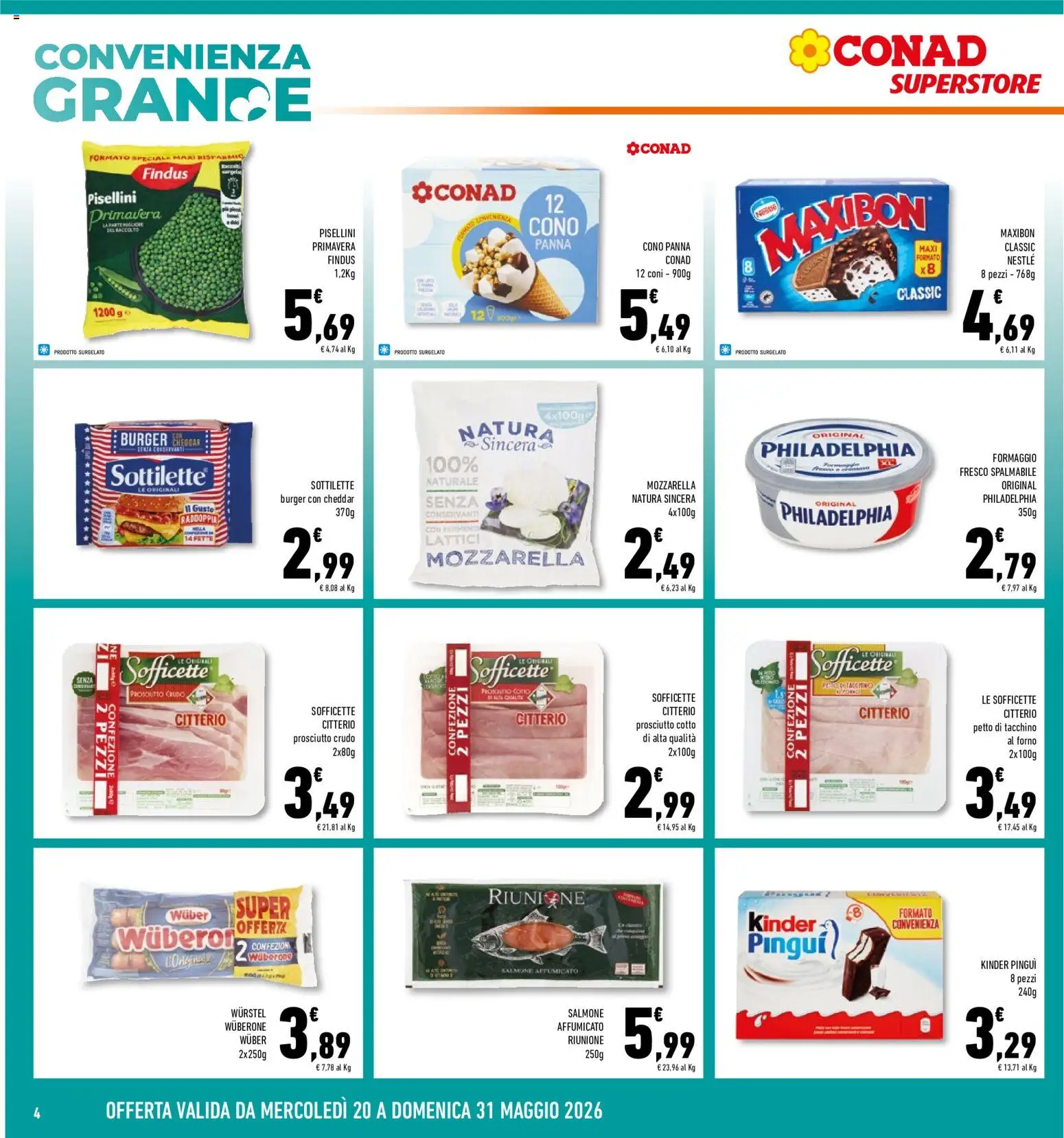 Volantino Conad del 20.05.2026 | Pagina: 4 | Prodotti: Salmone affumicato, Salmone, Tacchino, Mozzarella