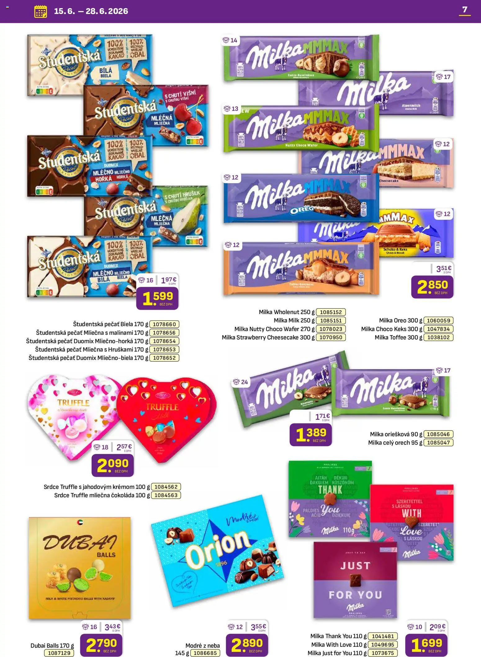 Nové Libex akcie – leták je platný od 15.06.2026 | Strana: 7 | Produkty: Čokoláda, Študentská pečať, Milka, Kakao