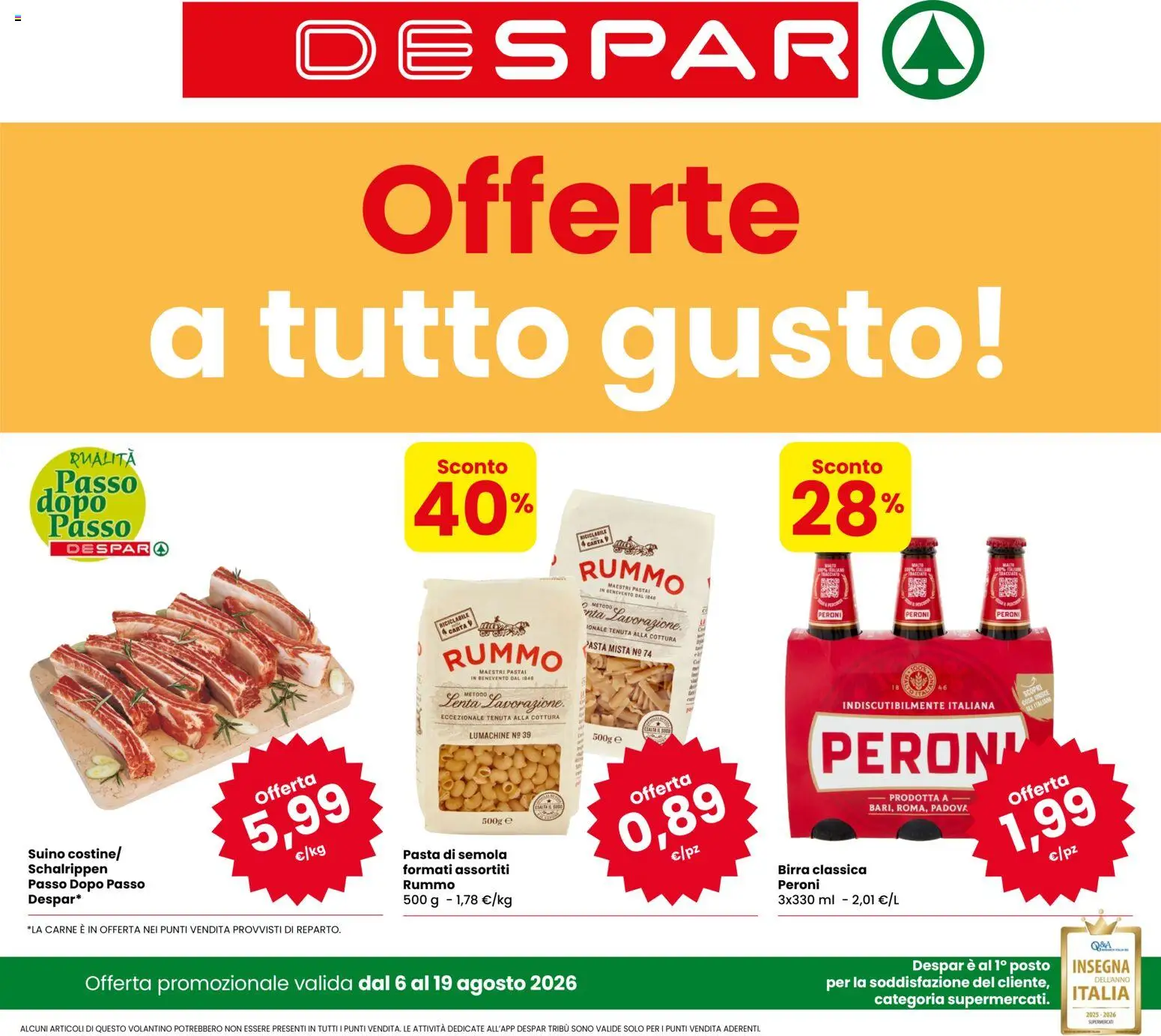 Volantino Despar del 06/08/2026 | Pagina: 1 | Prodotti: Rummo, Pasta di semola, Suino, Pasta
