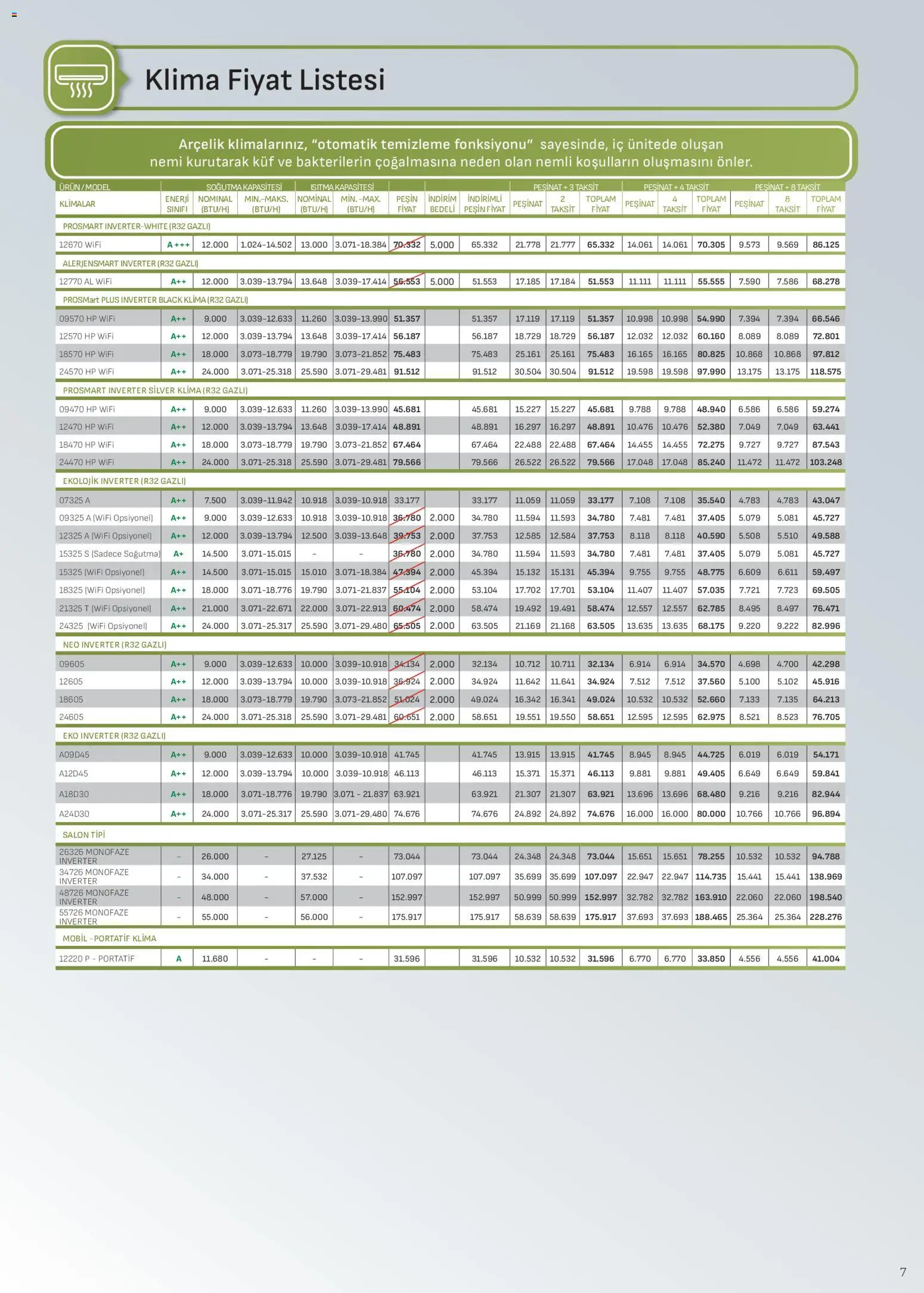 Arçelik - İklimlendirme Kataloğu - 16.04.2026 tarihinden itibaren geçerlidir | Sayfa: 7 | Ürünler: Klima