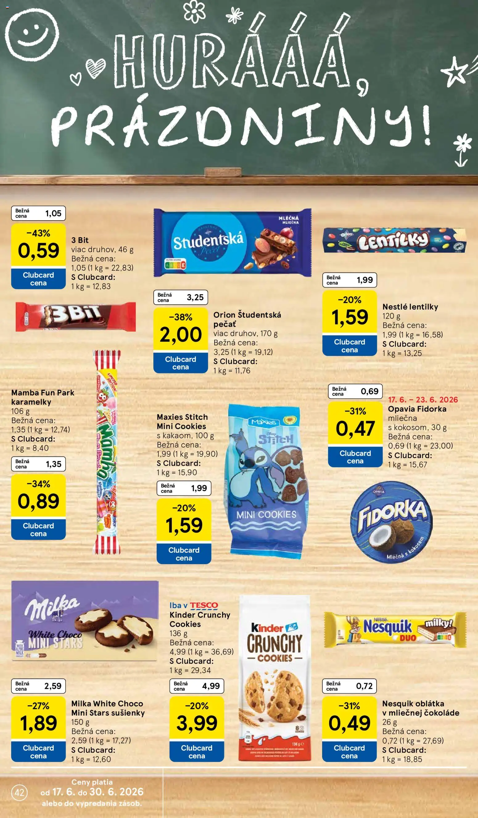 Nové Tesco akcie – leták je platný od 17.06.2026 | Strana: 42 | Produkty: Kinder, Študentská pečať, Milka, Nesquik