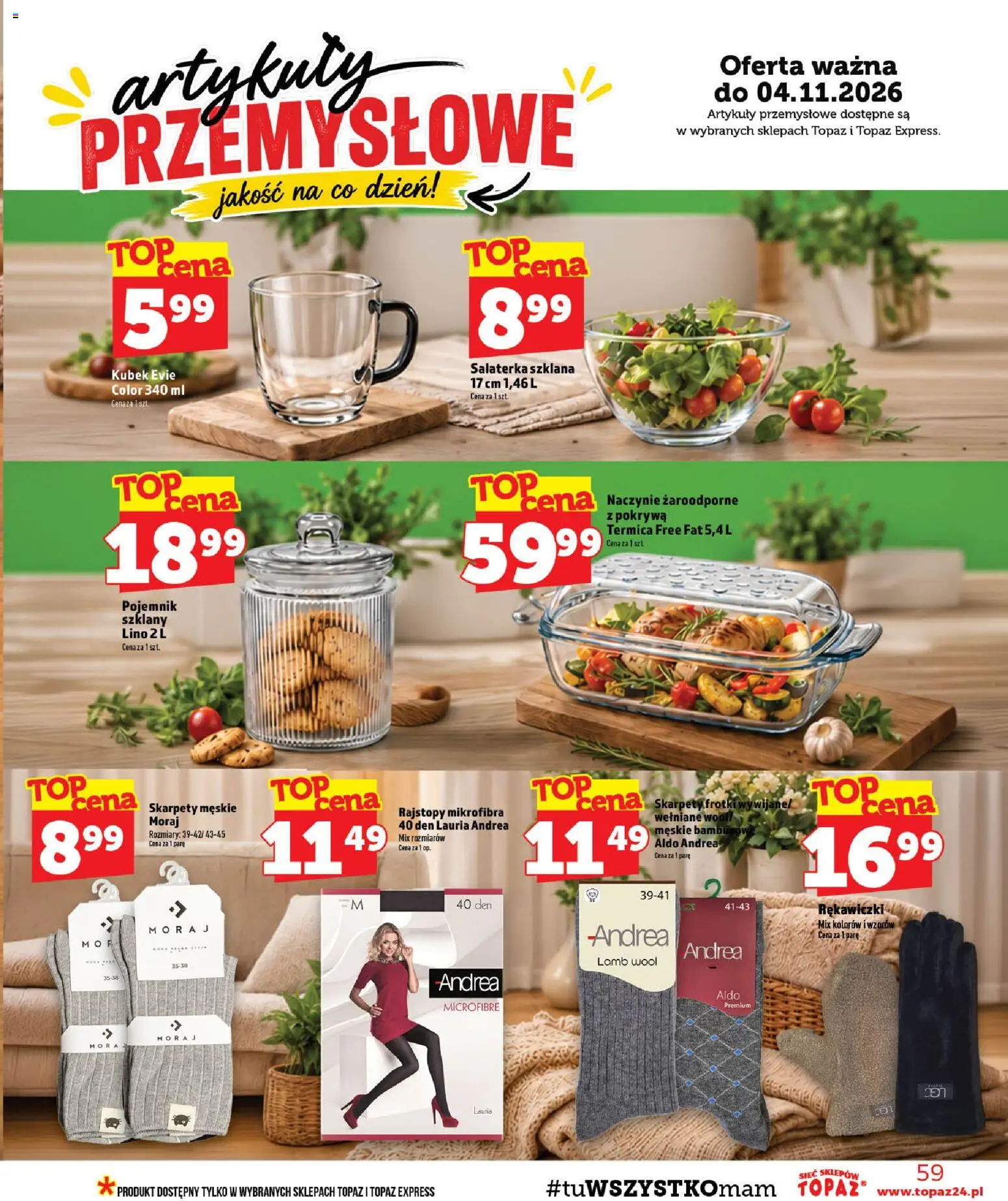 Topaz gazetka - MAZ od 29.10.2026 | Strona: 59 | Produkty: Skarpety, Rajstopy, Skarpety męskie, Naczynie żaroodporne