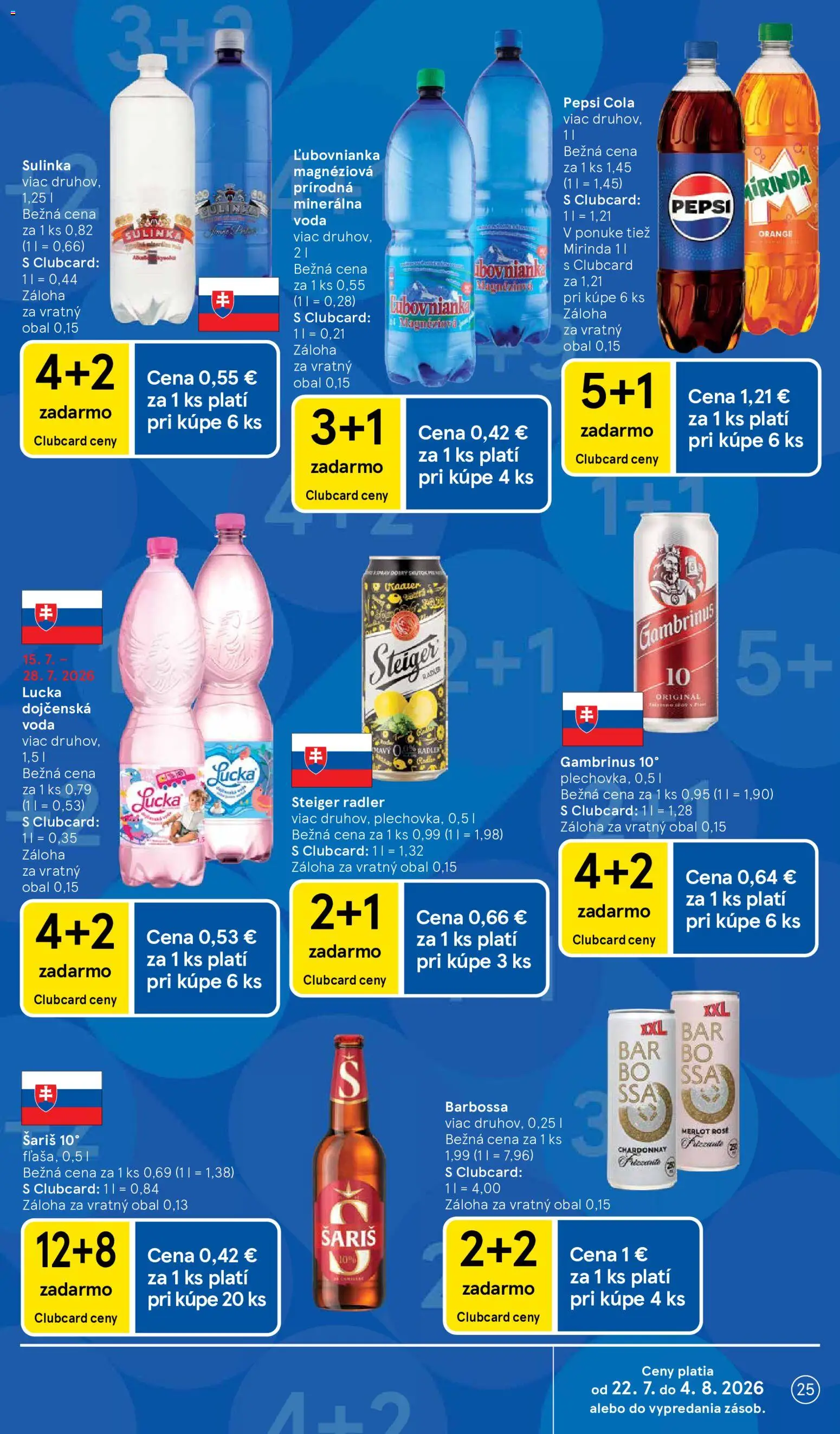 Nové Tesco akcie – leták je platný od 22.07.2026 | Strana: 25 | Produkty: Sulinka, Voda, Mirinda, Minerálna voda