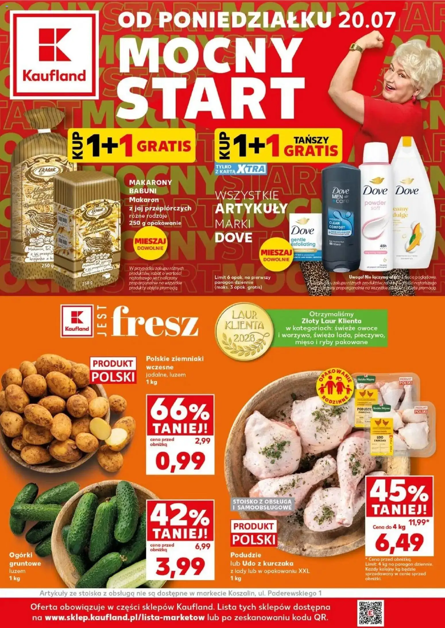Kaufland gazetka - Mocny start od 20.07.2026 | Strona: 1 | Produkty: Mięso, Makaron, Dove, Ogórki gruntowe