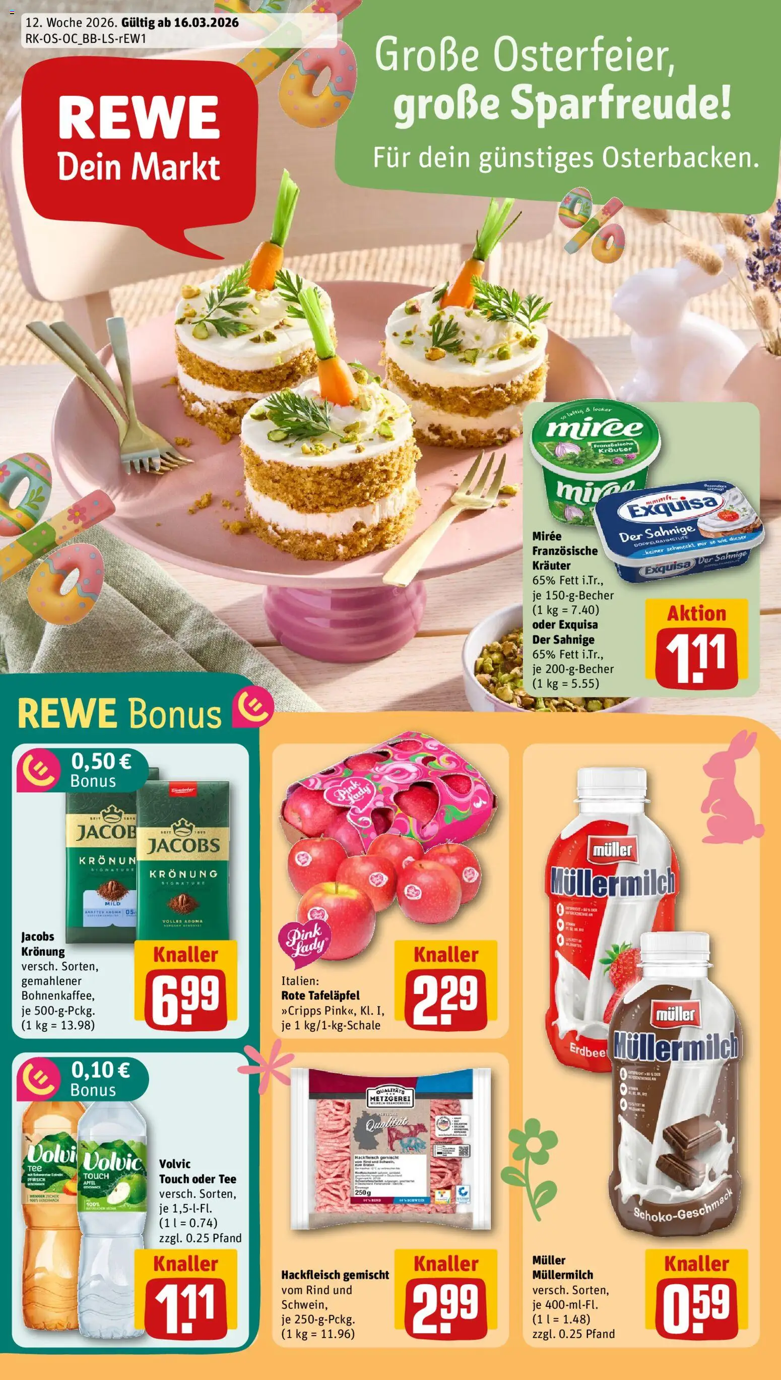 Rewe Prospekt 	 – gültig ab 16.03.2026 | Seite: 1 | Produkte: Volvic touch, Pfirsich, Volvic, Hackfleisch