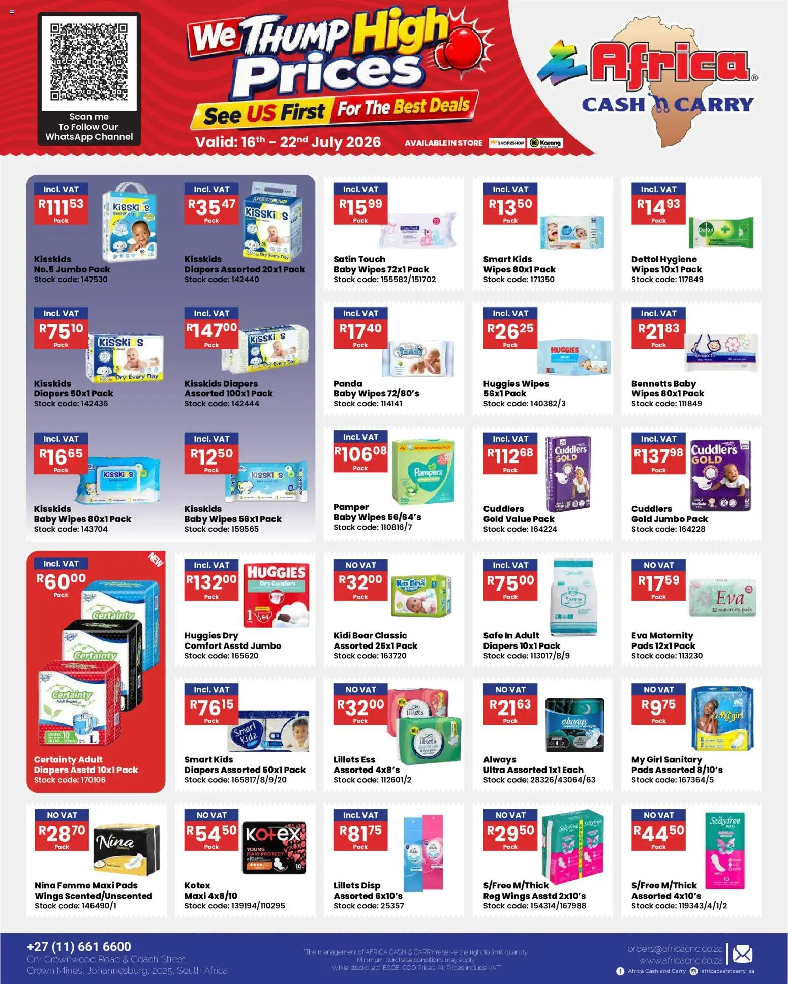 New Africa Cash & Carry catalogue – valid from 16/07/2026 | Page: 14 | Products: Diapers, Baby diapers, Pads, Stock