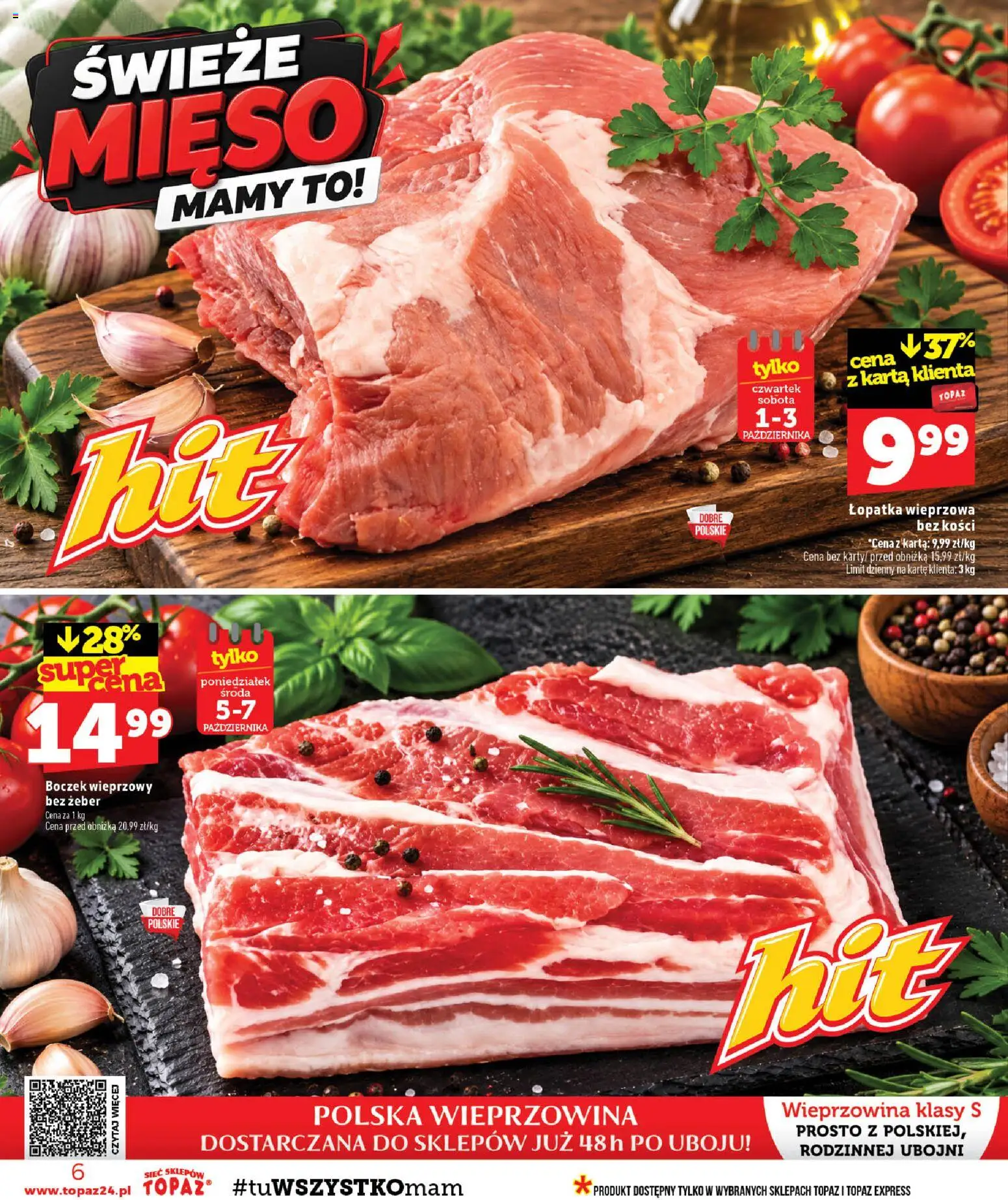 Topaz gazetka - MAZ od 01.10.2026 | Strona: 6 | Produkty: Karta, Mięso, Łopatka wieprzowa, Wieprzowina