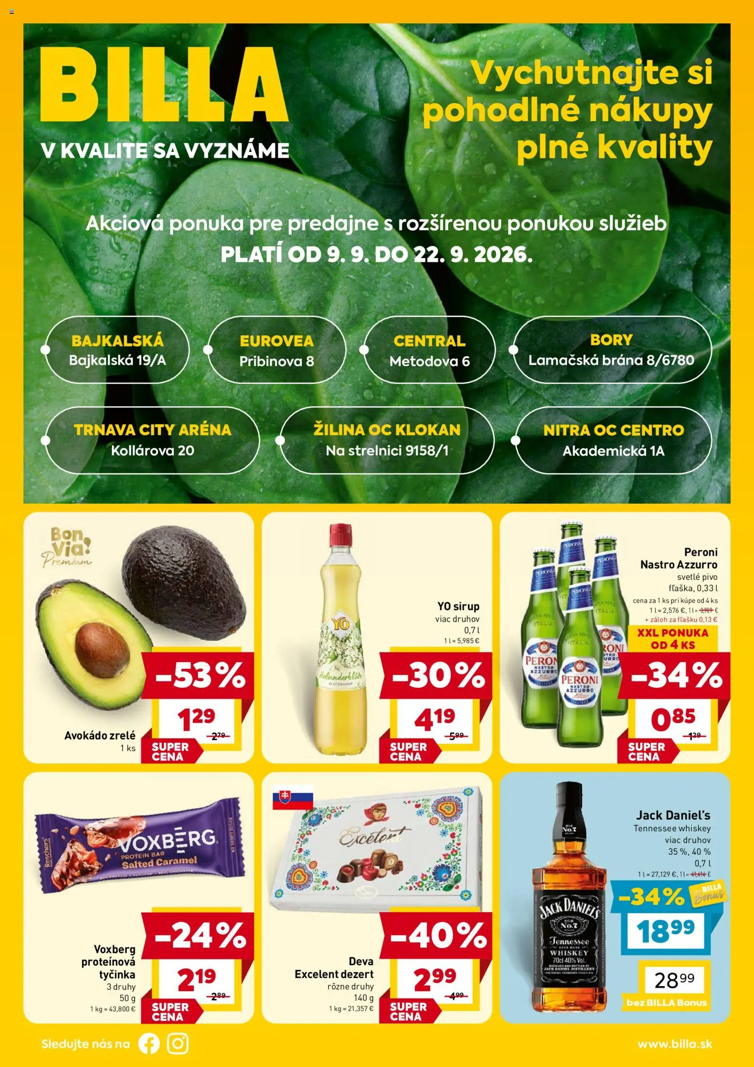 Nové Billa akcie – leták je platný od 09.09.2026 | Strana: 1 | Produkty: Protein, Sirup, Dezert, Jack Daniel's
