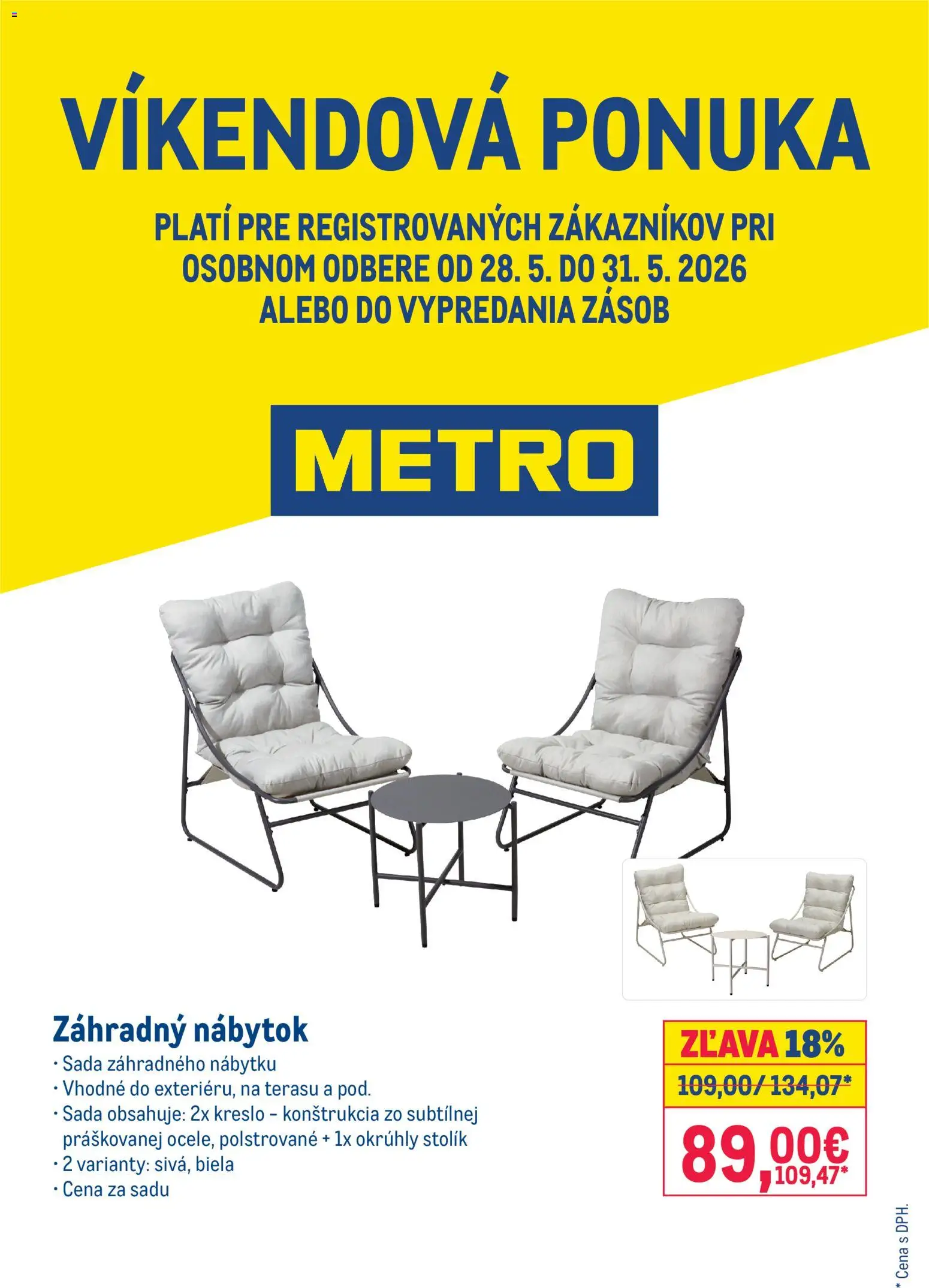 Nové Metro akcie – leták je platný od 28.05.2026 | Strana: 1 | Produkty: Nábytok, Okrúhly stolík, Záhradný nábytok, Stolík