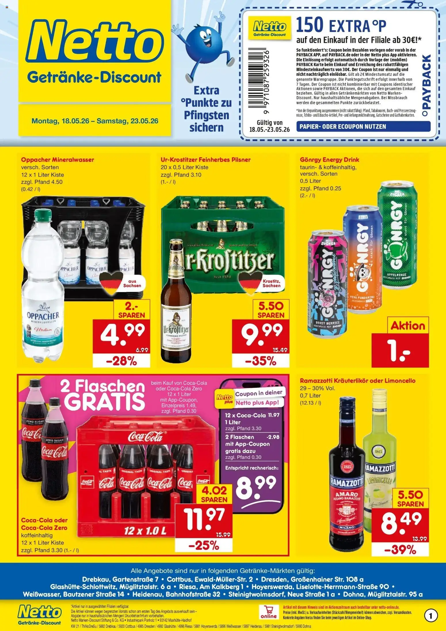 Netto Marken-Discount Prospekt Riesa	 – gültig ab 17.05.2026 | Seite: 1 | Produkte: Cola, Energy, Mineralwasser, Limoncello