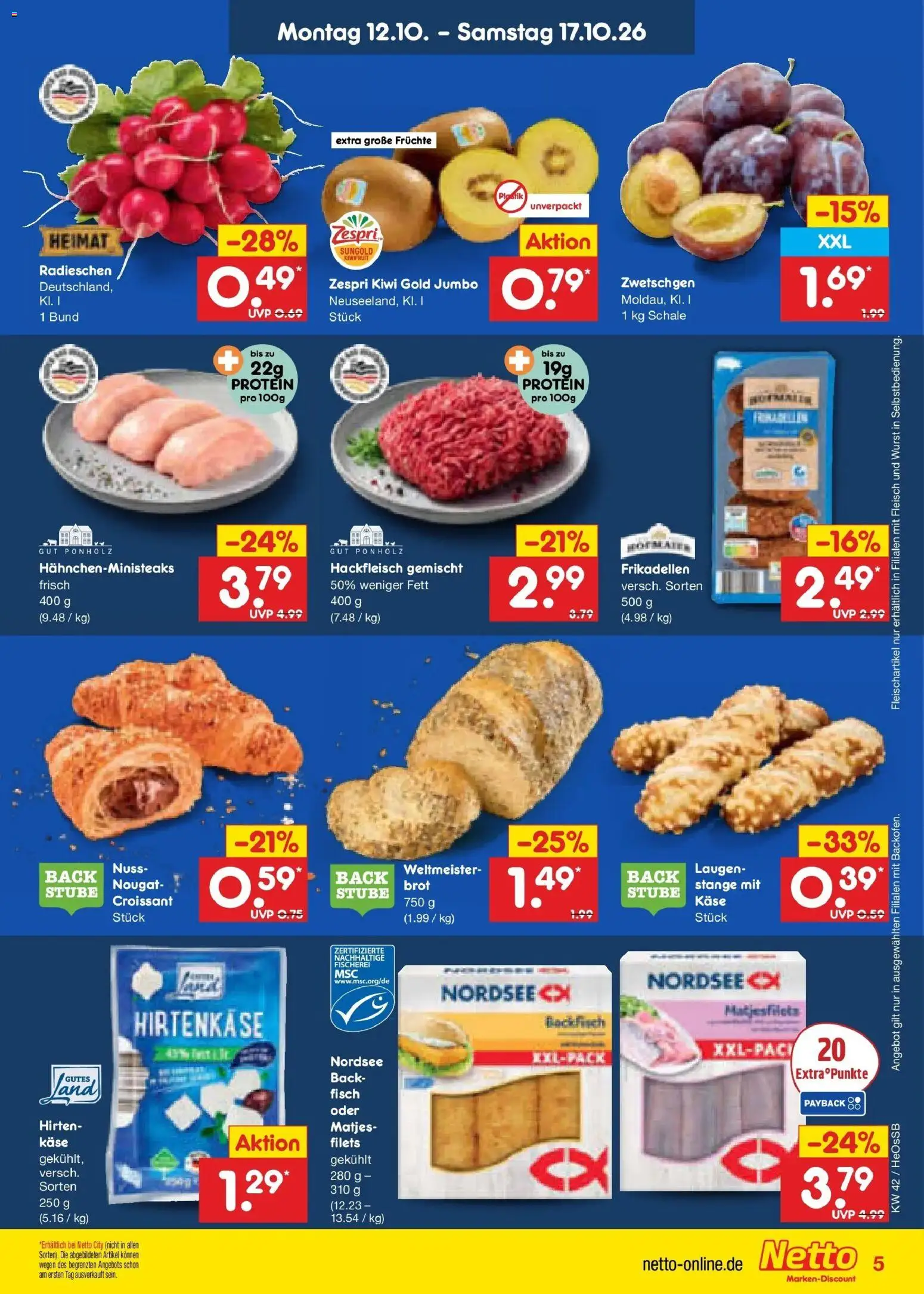 Netto Marken-Discount Prospekt Rostock – gültig ab 12.10.2026 | Seite: 5 | Produkte: Croissant, Wurst, Brot, Kiwi