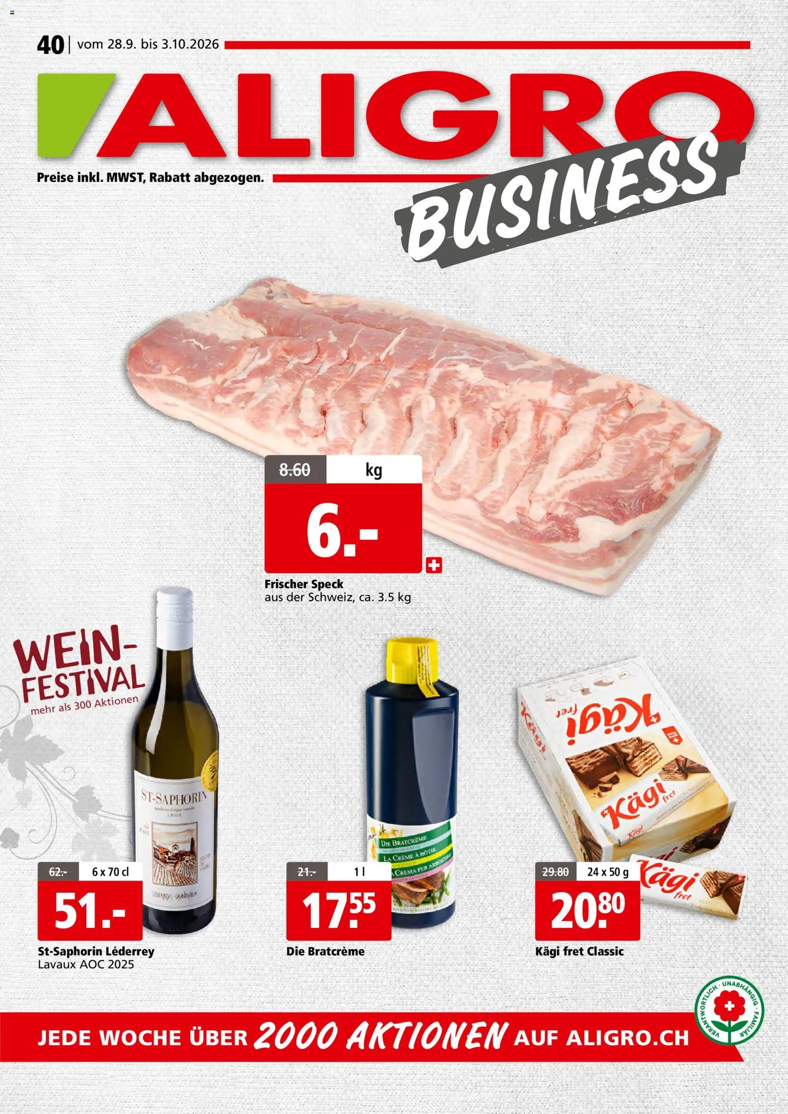Aligro aktionen Business Schlieren, Gossau SG, Frauenfeld, Rapperswil-Jona, Sargans, Bern – gültig ab 28.09.2026 | Seite: 1 | Produkte: Wein, Creme