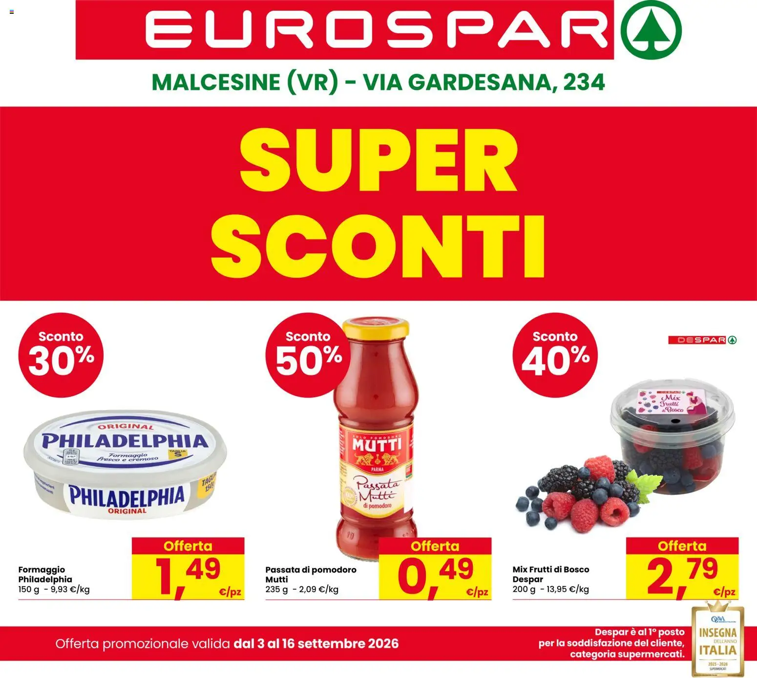 Volantino Eurospar del 03/09/2026 | Pagina: 1 | Prodotti: Frutti di bosco, Pomodoro, Passata di pomodoro, Mutti
