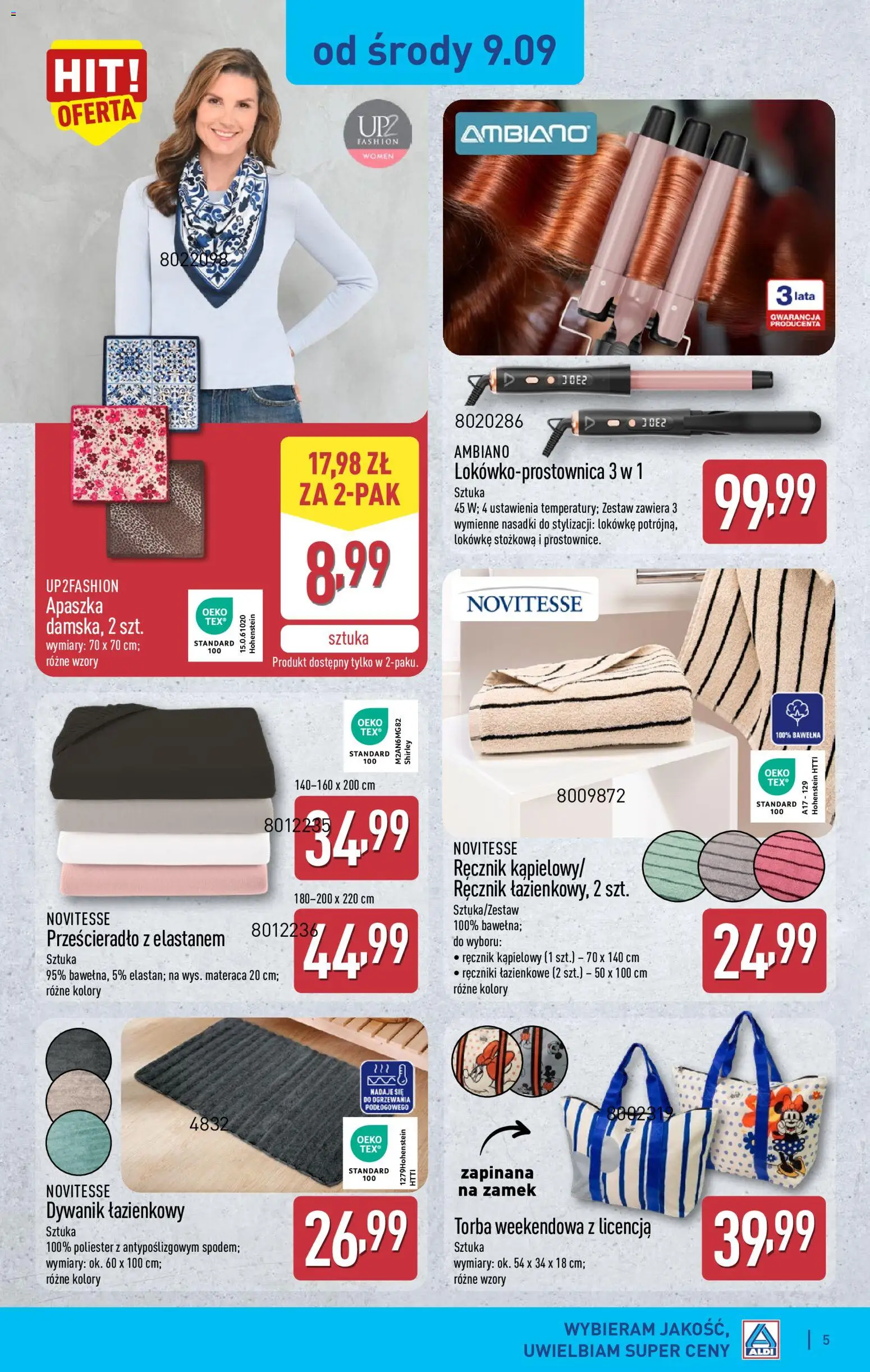 Aldi gazetka - Hity od Środy i od Soboty od 09.09.2026 | Strona: 5 | Produkty: Apaszka, Dywanik łazienkowy, Prześcieradło, Ambiano