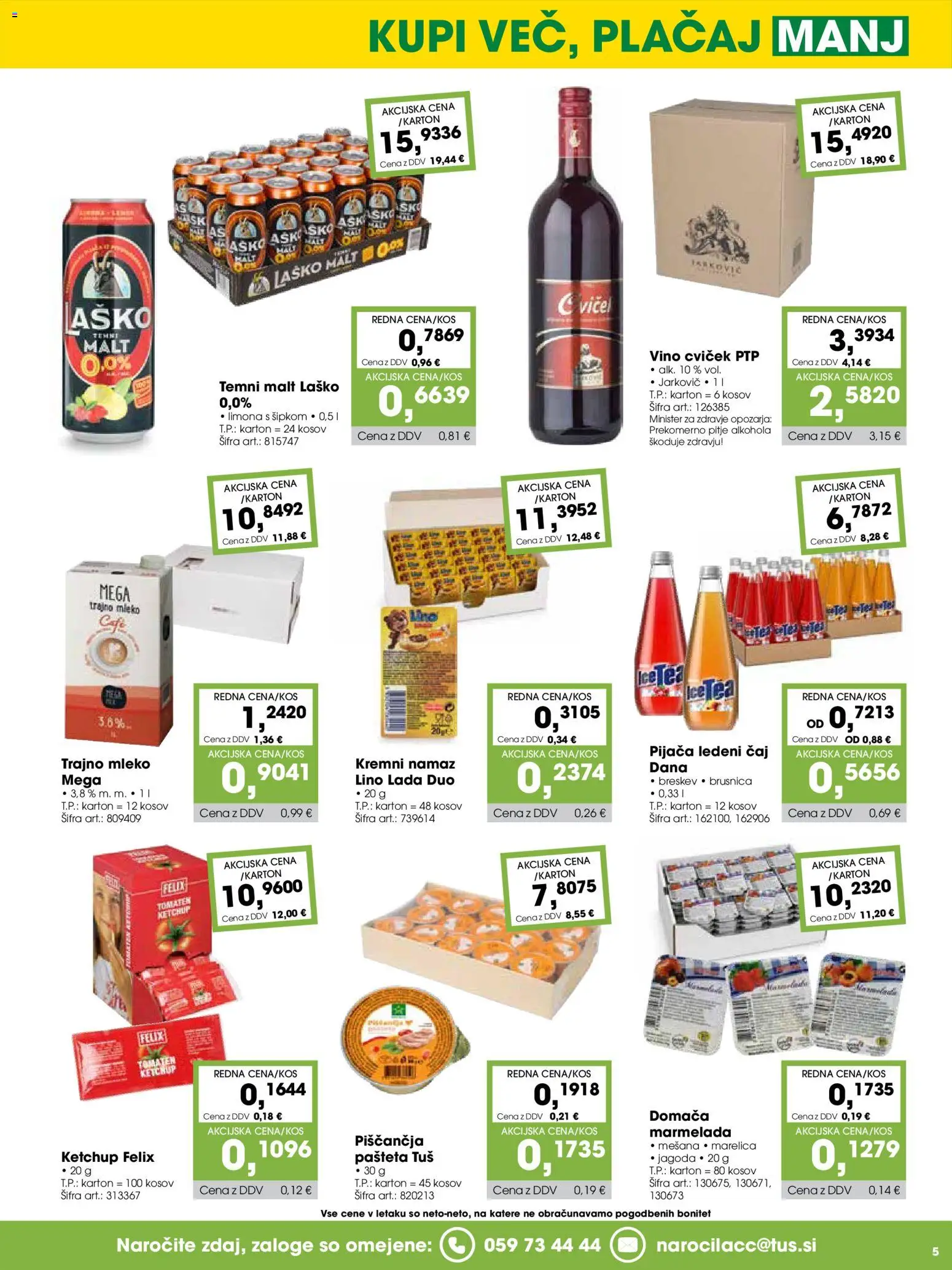 Novi Tuš katalog ponudbe – veljaven od 15.08.2026 | Stran: 5 | Izdelki: Trajno mleko, Marmelada, Caj, Limona