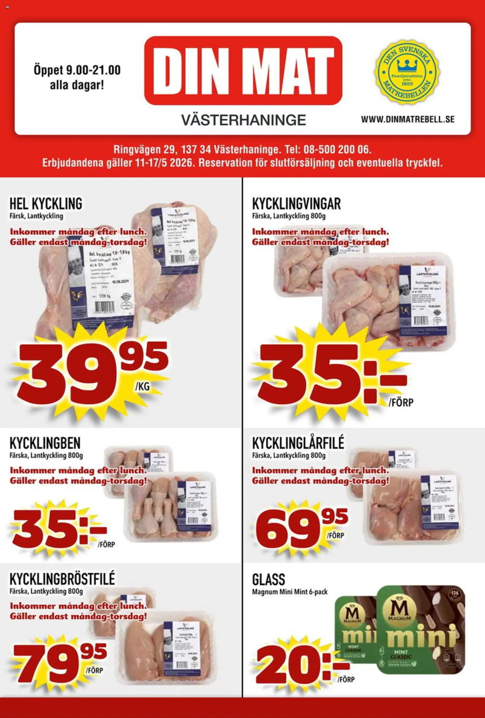 Din Mat reklamblad aktuell från 11.05.2026 | Sida: 1 | Produkter: Galler, Glass