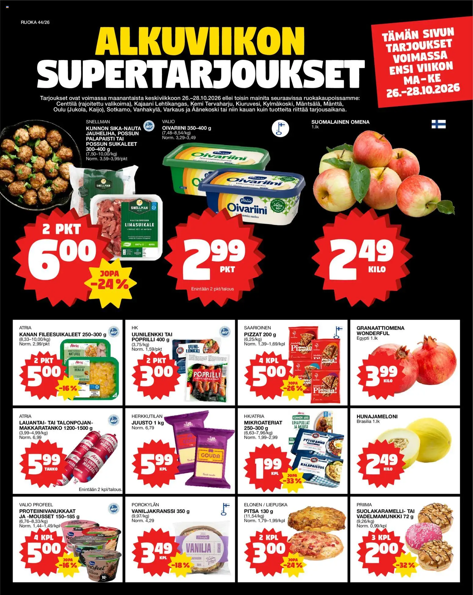 Tokmanni Ruokasanomat – voimassa 26/10/2026 alkaen | Sivu: 1 | Tuotteet: Uuni, Mousse, Juusto, Hunaja