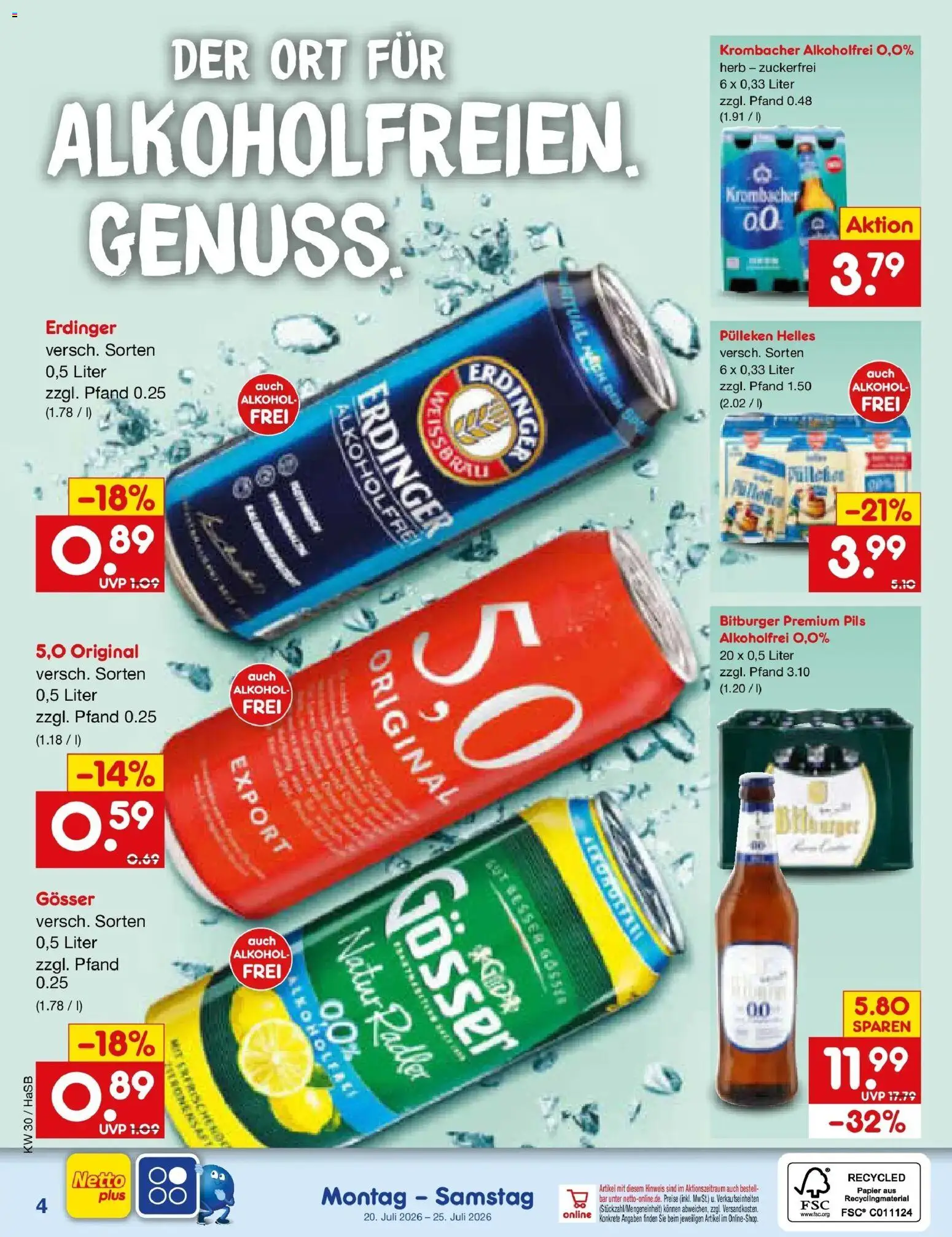 Netto Marken-Discount Prospekt Wuppertal – gültig ab 20.07.2026 | Seite: 55 | Produkte: Erdinger, Pils, Krombacher alkoholfrei, Radler