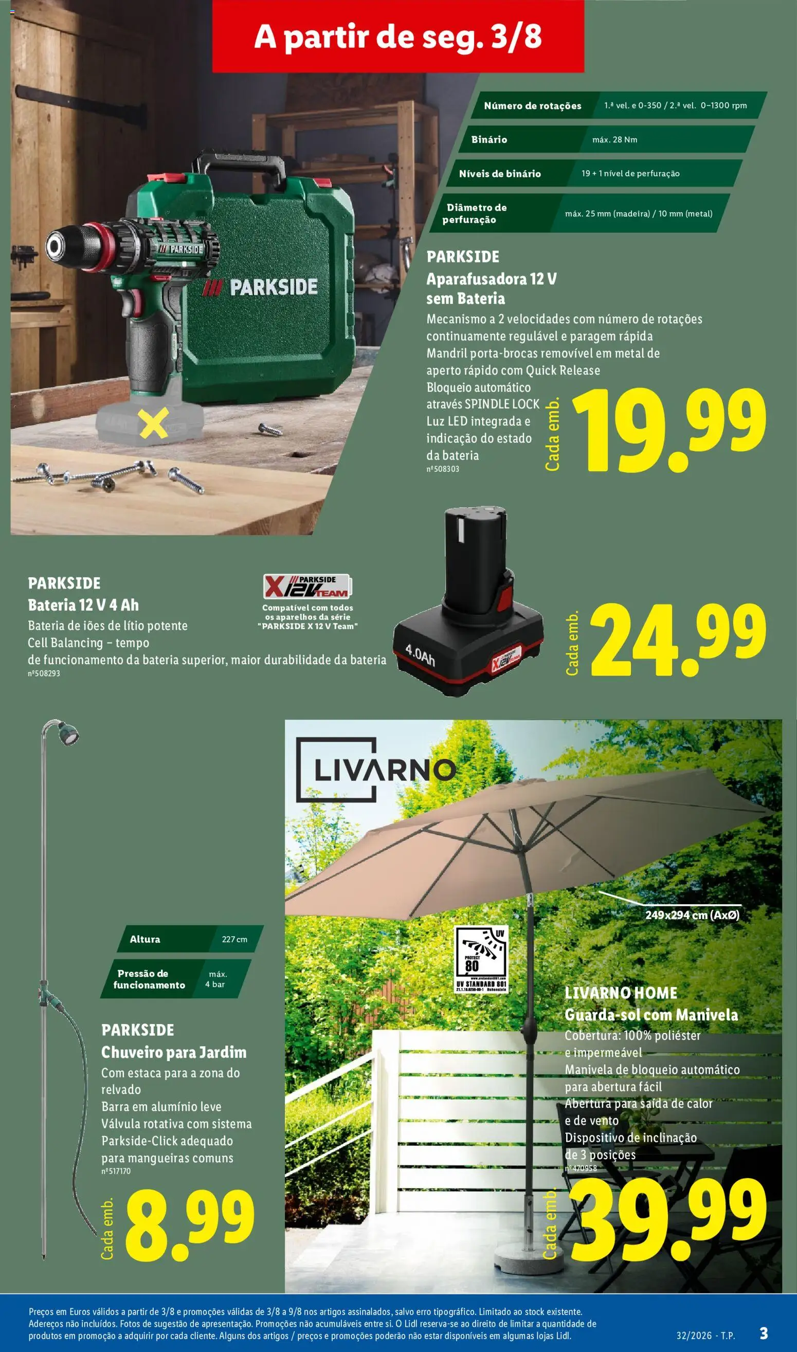 Lidl Novidades │ válido de 03/08/2026 | Página: 3 | Produtos: Chuveiro, Bateria
